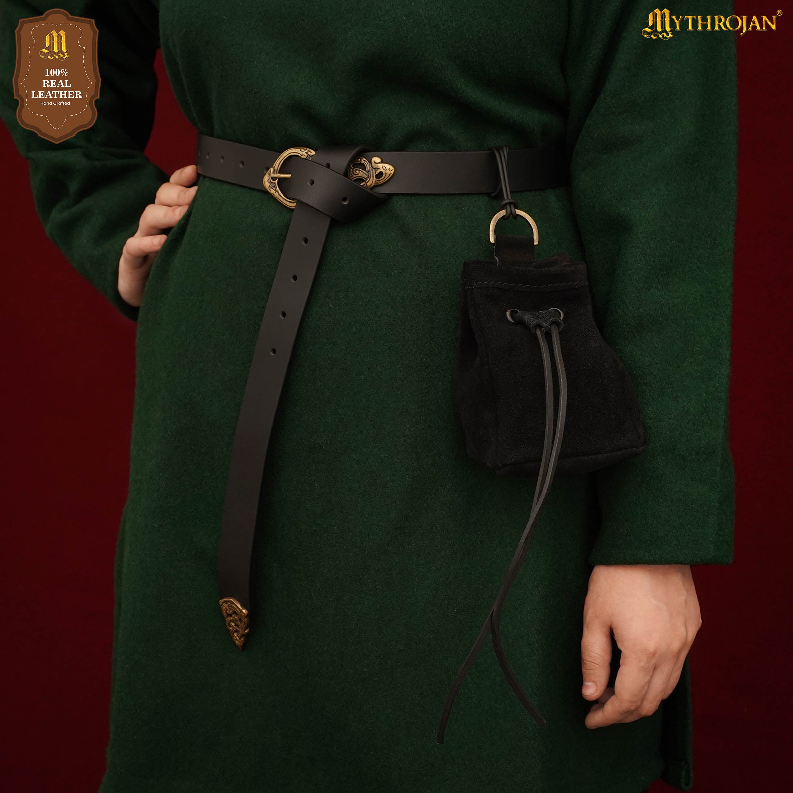 Mythrojan Medieval Drawstring Belt Bag, Ideal for SCA LARP Reenactment & Ren fair , Suede Leather , Black