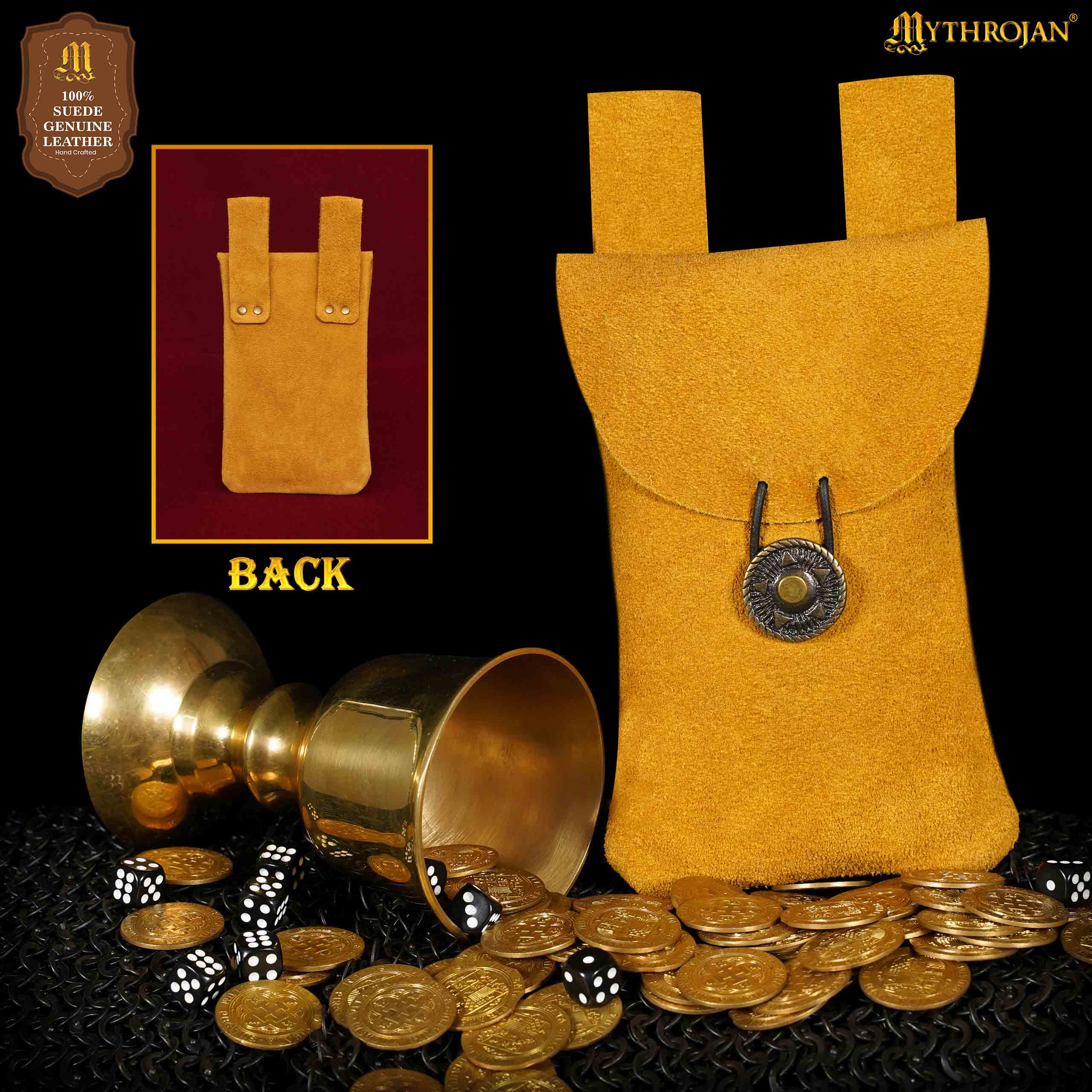 Mythrojan Suede Belt Bag, ideal for SCA LARP reenactment & Ren fair, Suede Leather, Yellow, 7.2”×4.7”