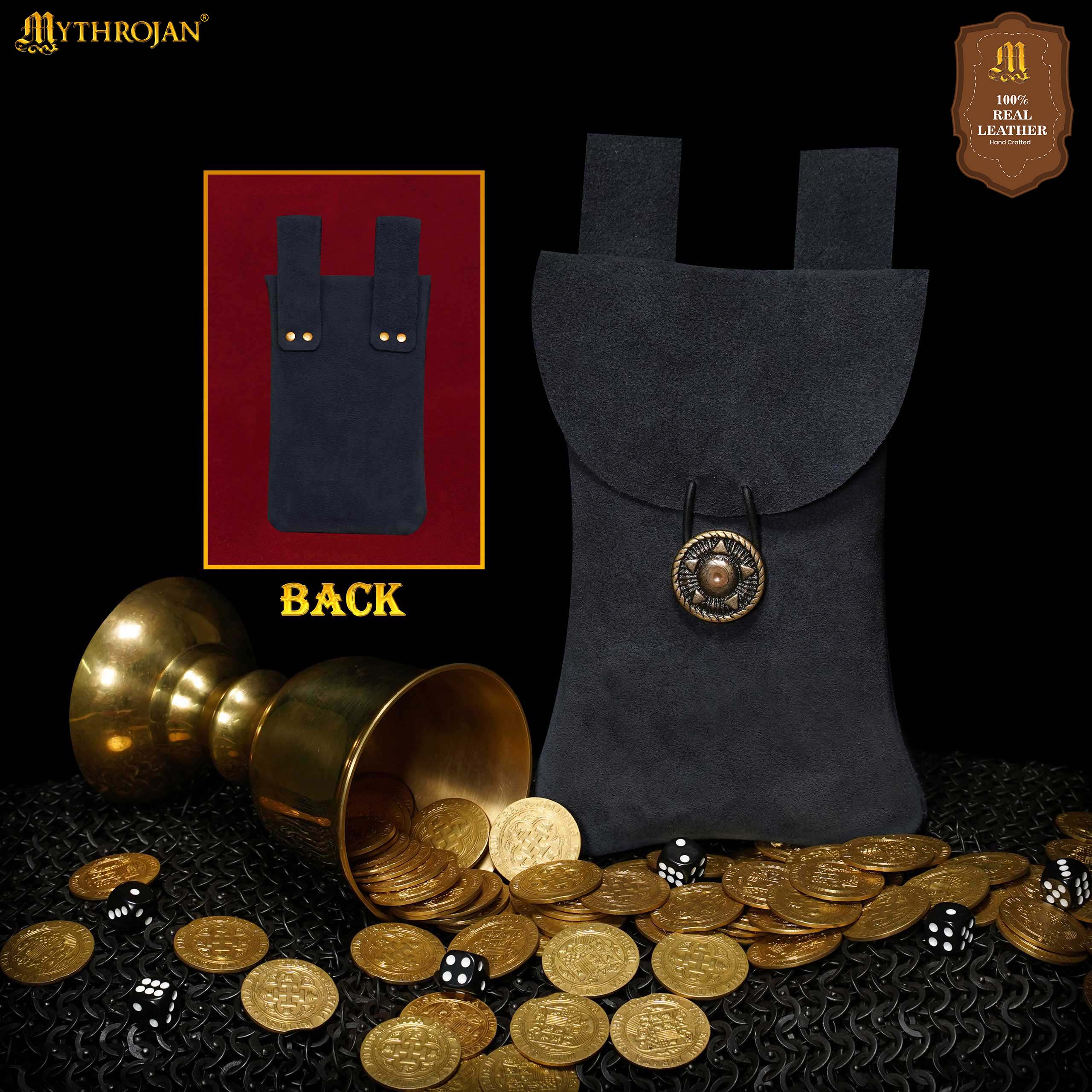 Mythrojan Suede Belt Bag, ideal for SCA LARP reenactment & Ren fair, Suede Leather, Midnight Navy Blue, 7.2”×4.7”