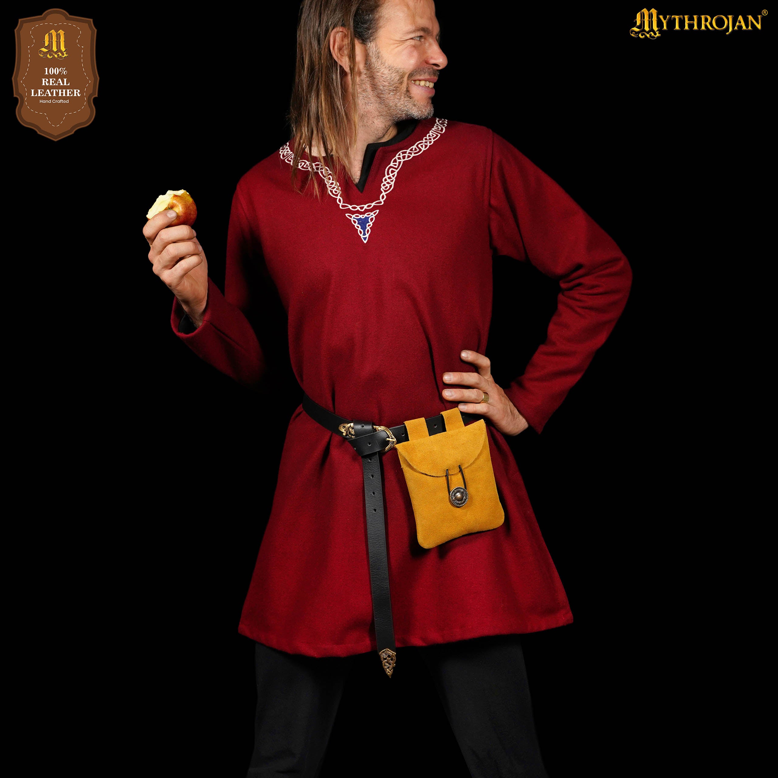 Mythrojan Suede Belt Bag, Ideal for SCA LARP Reenactment & Ren fair, Suede Leather, Yellow , 5 .5”× 5.1 ”