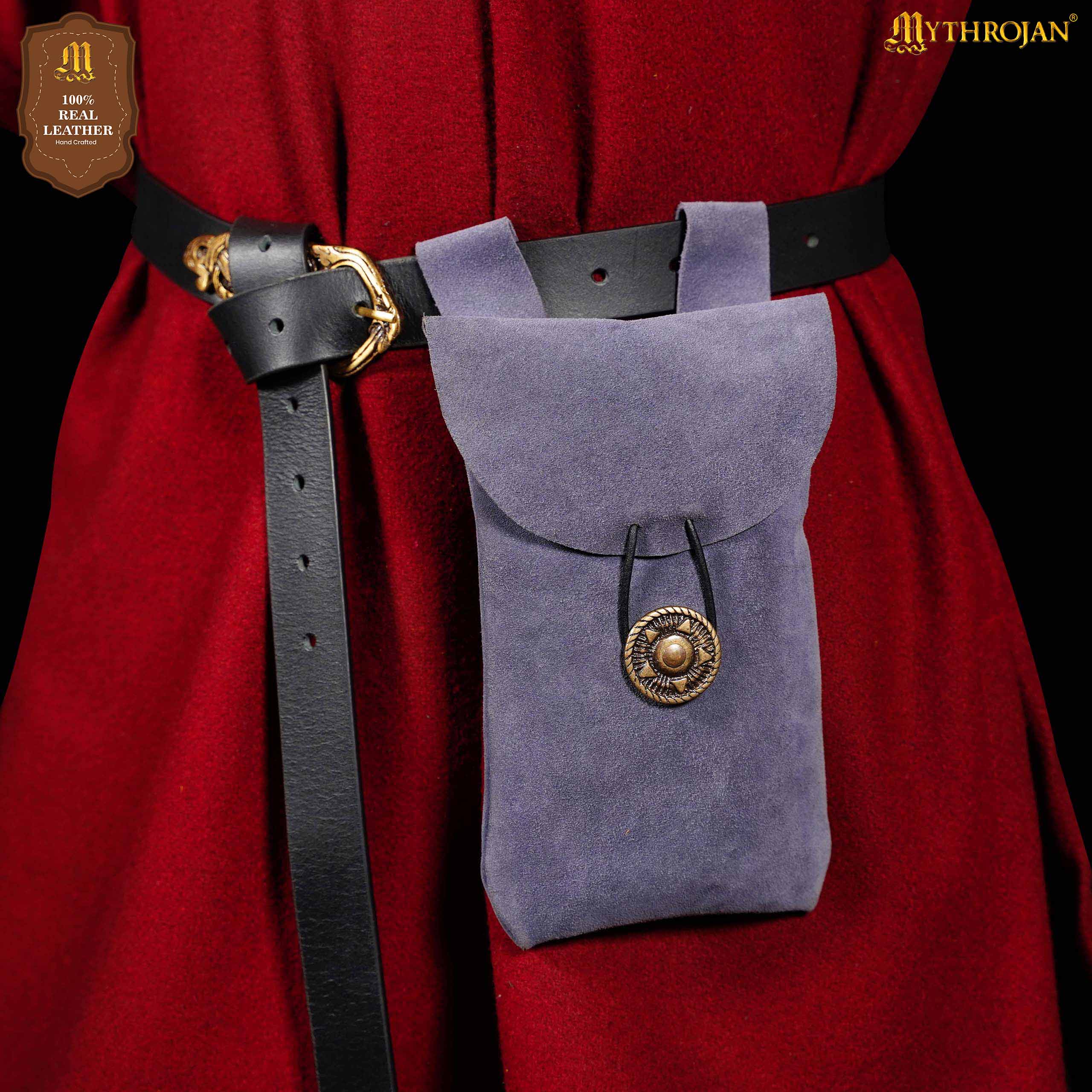 Mythrojan Suede Belt Bag, Ideal for SCA LARP Reenactment & Ren fair, Suede Leather, Dark Blue , 7.2 ”× 4.7 ”
