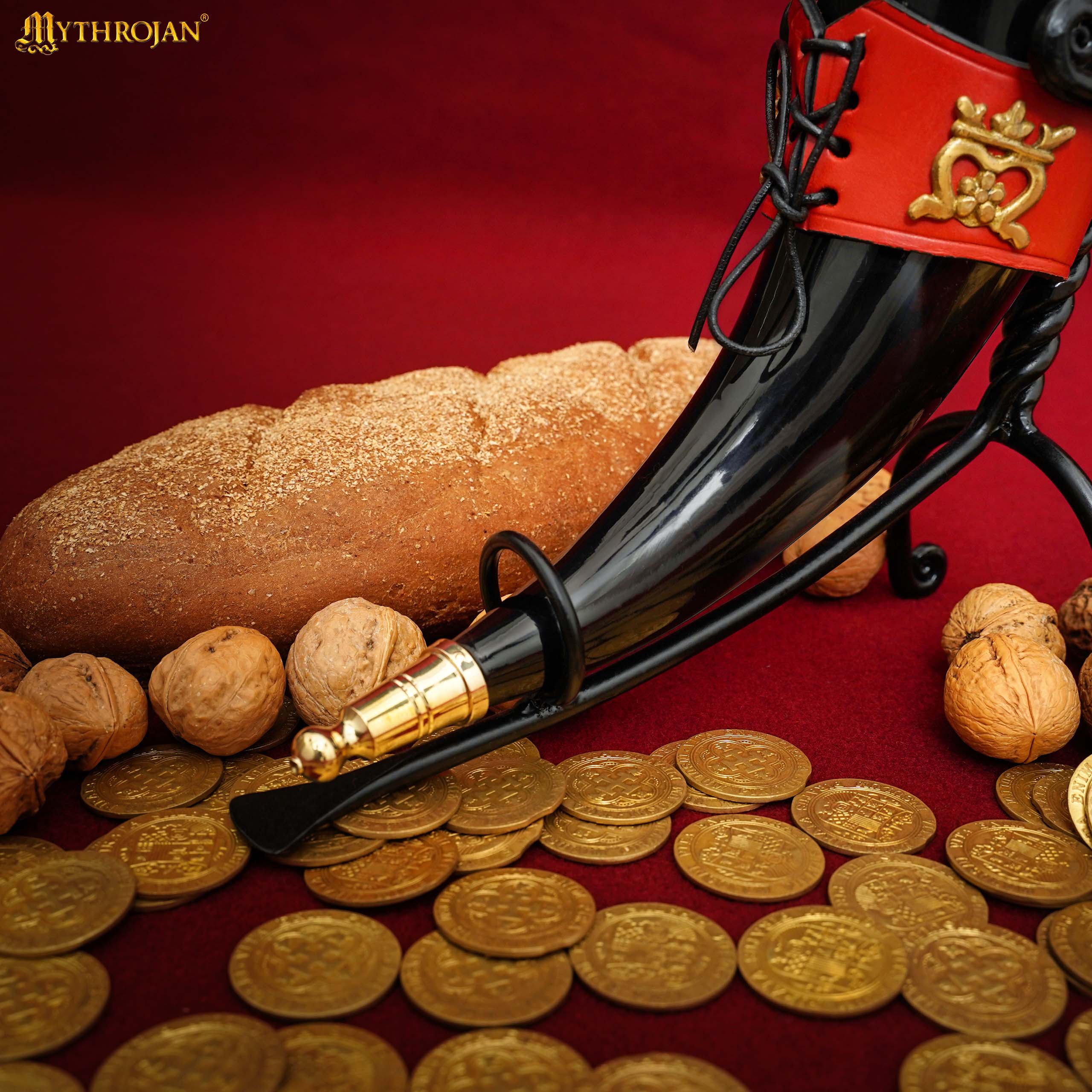 Mythrojan THE ELEGANT LADY Viking Drinking Horn with Red Leather holder Authentic Medieval Inspired Viking Wine/Mead Mug - Polished Finish - 350ML