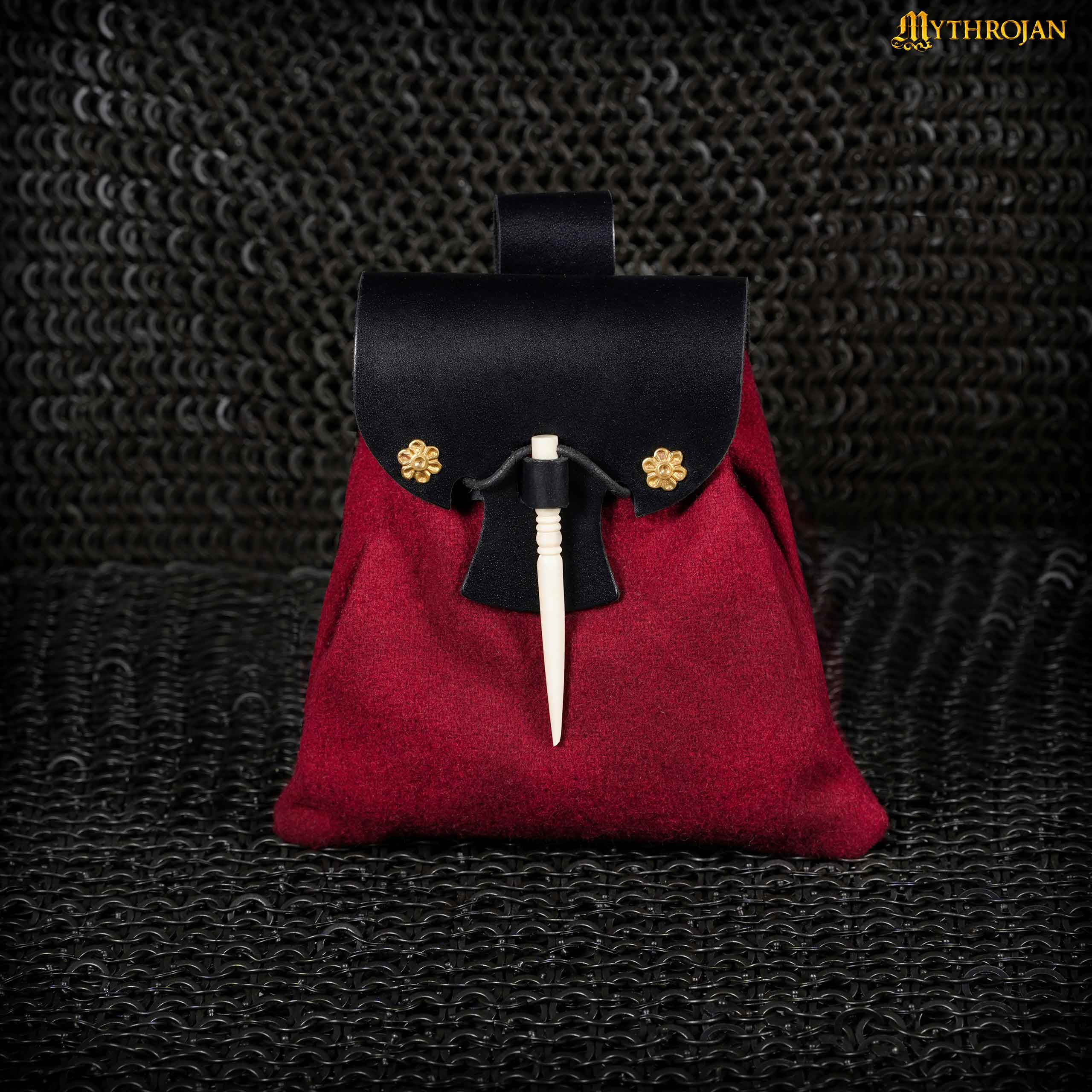 Mythrojan “Gold and Dice” Medieval Fantasy Belt Bag with Bone Needle Closure, Ideal for SCA LARP reenactment & Ren fair, Black and Maroon, 7”×7”