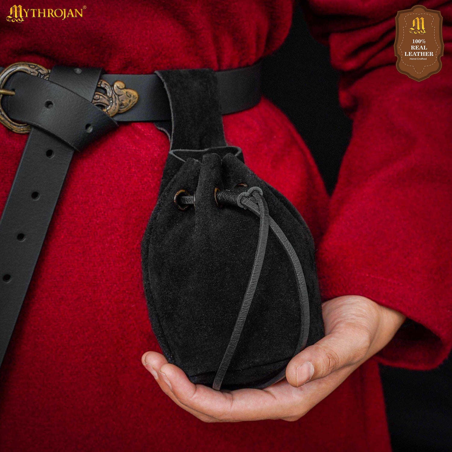 Mythrojan Medieval Drawstring Belt Bag, Ideal for SCA LARP Reenactment & Ren fair , Suede Leather , Black 6” ×5 ”