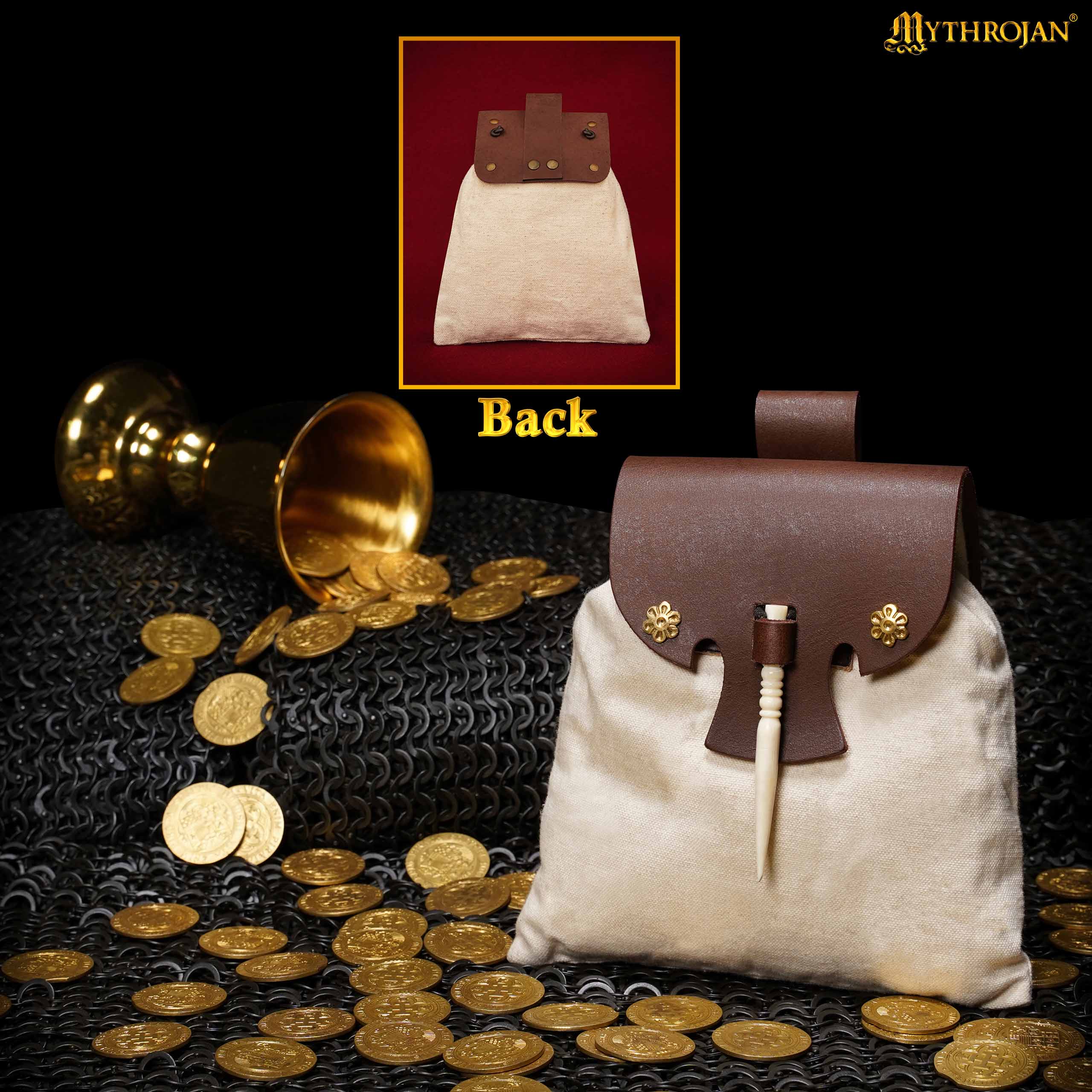 Mythrojan “Gold and Dice” Medieval Fantasy Belt Bag with Bone Needle Closure, Ideal for SCA LARP Reenactment & Ren fair, Brown and Ecru, 7”×7”