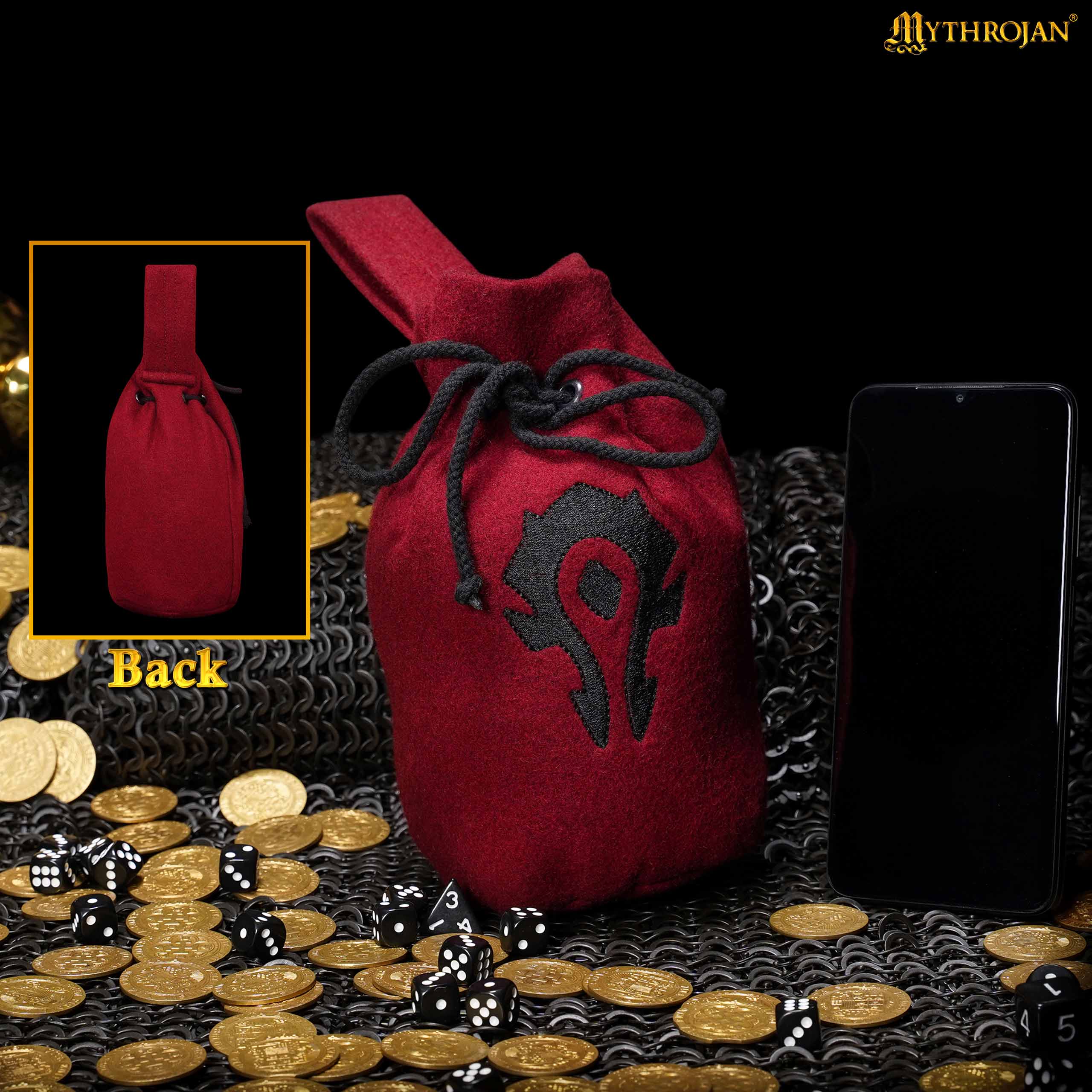 Mythrojan “For the Horde” Wool Drawstring Belt Pouch: Costume Accessory Coin Purse , Maroon , 8” × 6.5”
