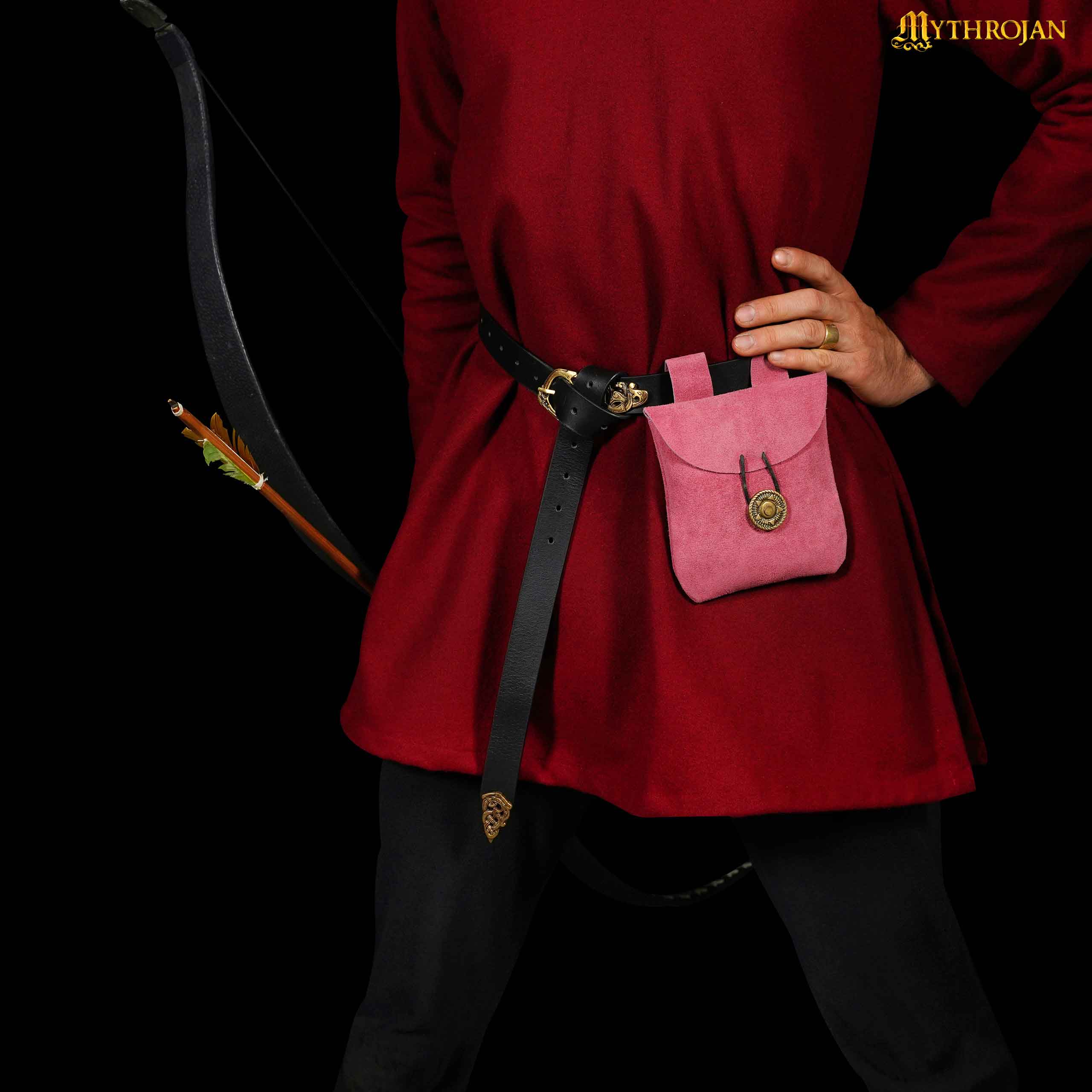 Mythrojan Suede Belt Bag, Ideal for SCA LARP Reenactment & Ren fair, Suede Leather, Pink , 5 .5”× 5.1 ”