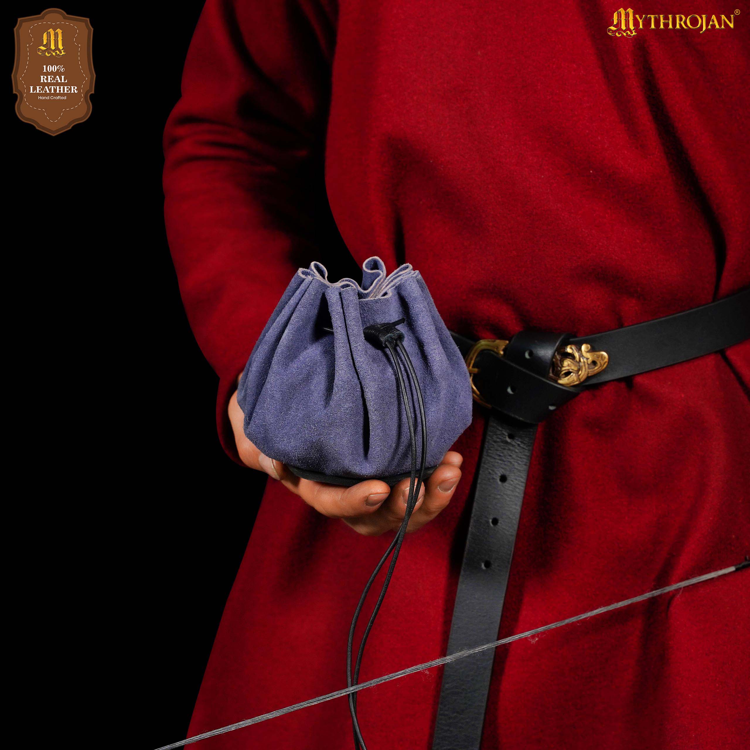 Mythrojan “ Gold and Dice ” Medieval Drawstring Bag, Ideal for SCA LARP Reenactment & Ren fair - Suede Leather Pouch, Blue 3.5”