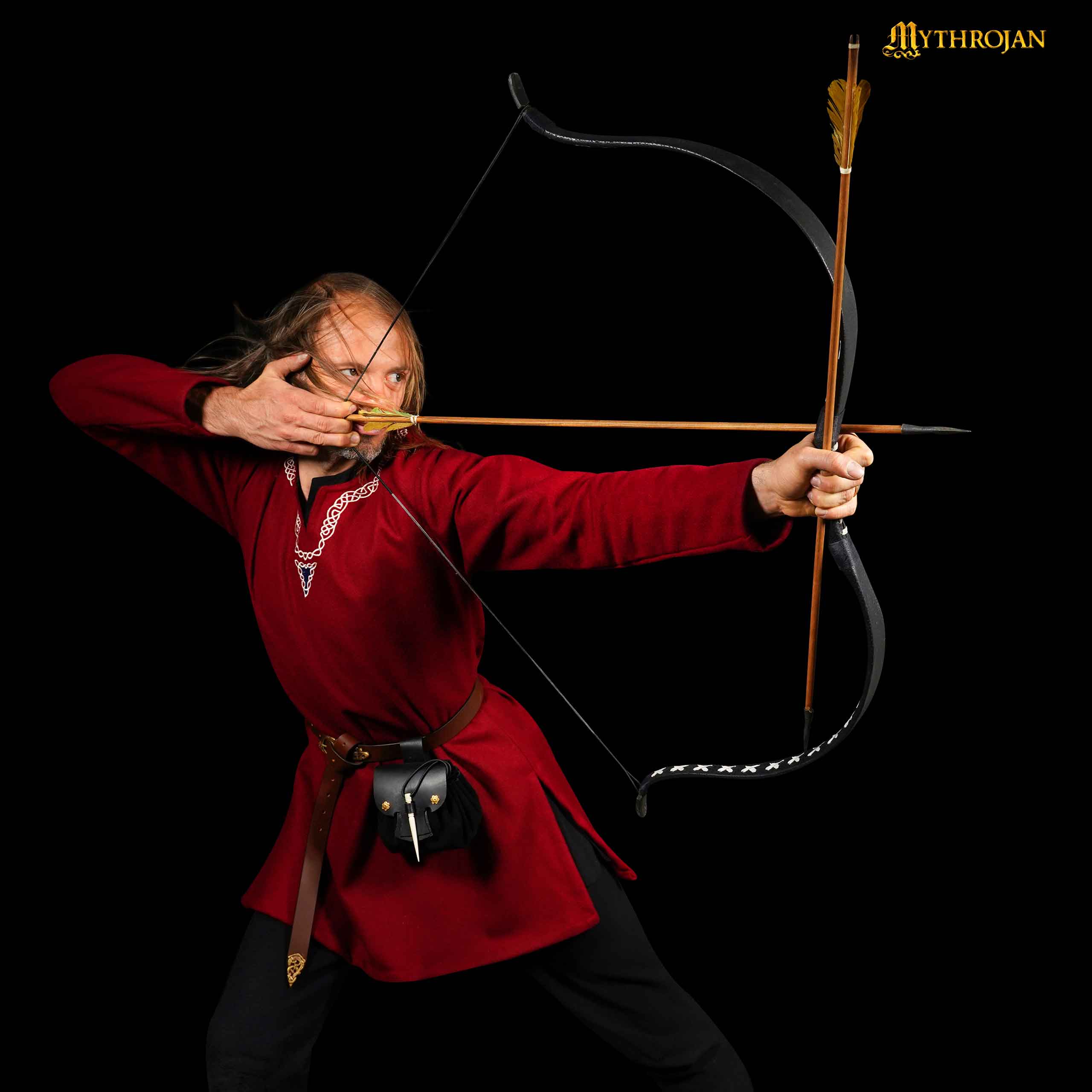 Mythrojan “ Gold and Dice ” Medieval Fantasy Belt Bag with Bone Needle Closure, Ideal for SCA LARP Reenactment & Ren fair, Black, 3.5”