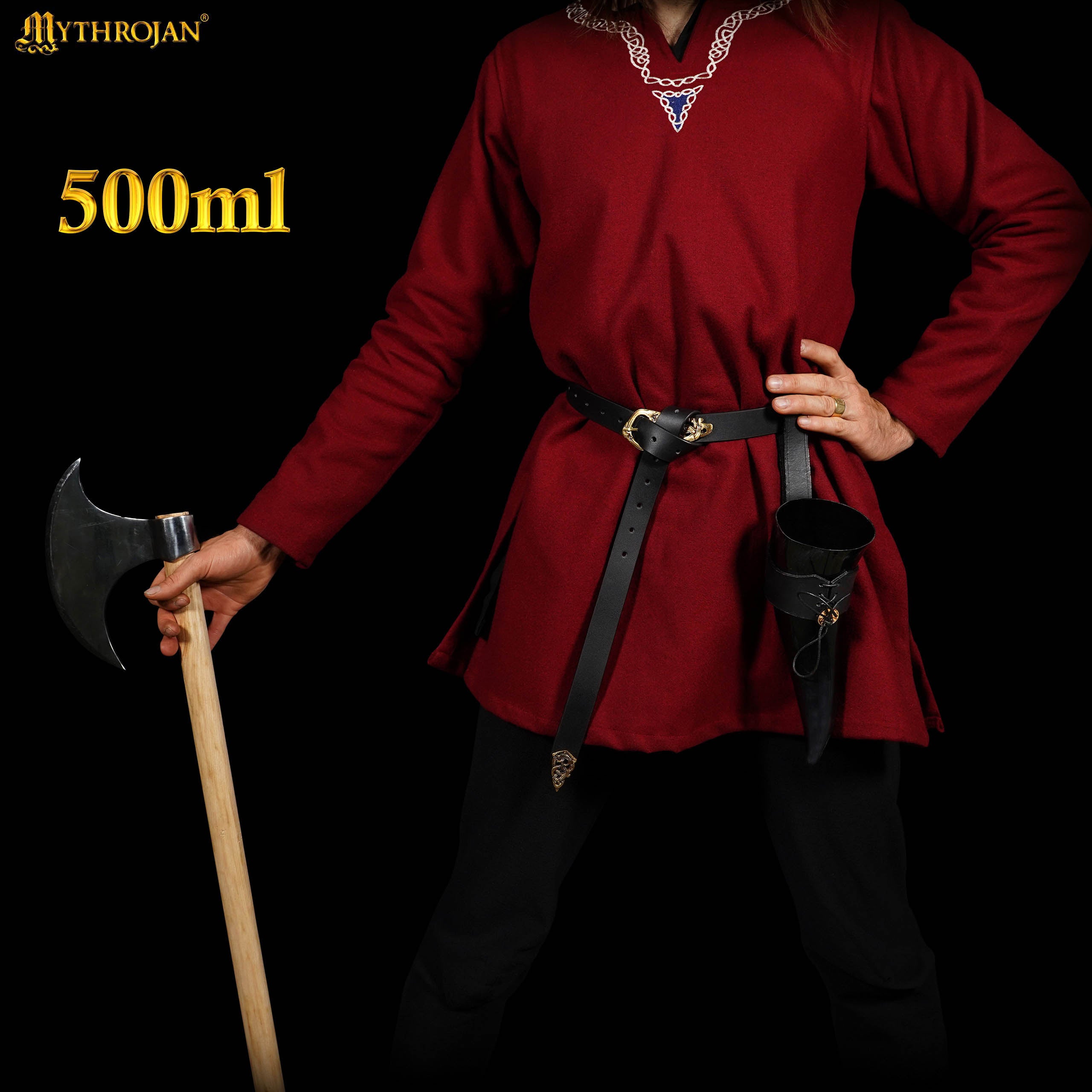 Mythrojan Viking Drinking Horn with Black Leather Holder Authentic Drinking Horn Norse Beer Horn Drinking Horn , 500ml