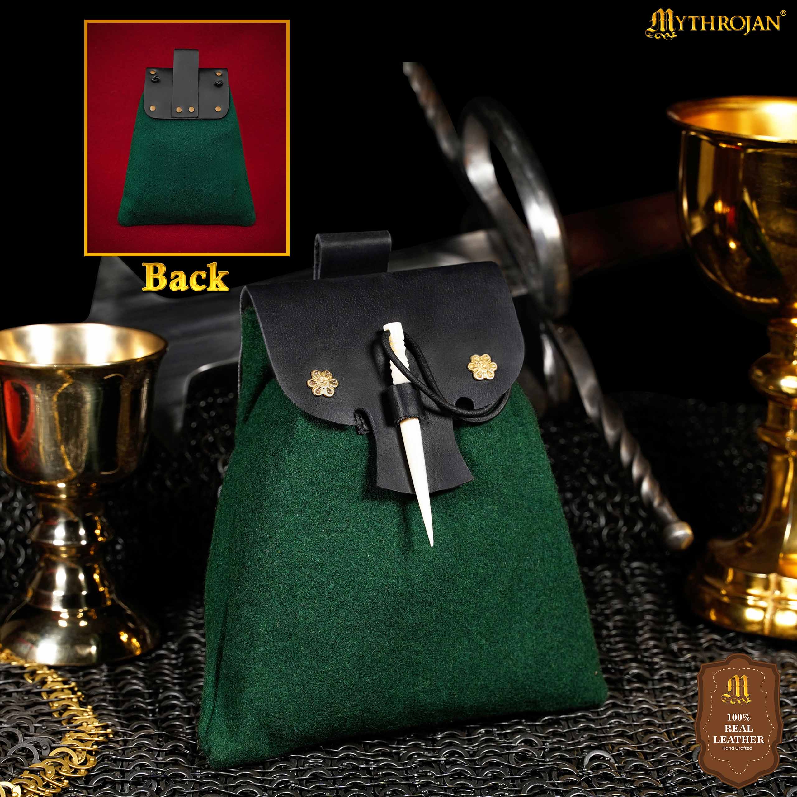Mythrojan “Gold and Dice” Medieval Fantasy Belt Bag with Bone Needle Closure, Ideal for SCA LARP reenactment & Ren fair, Black and Green, 7”×7”