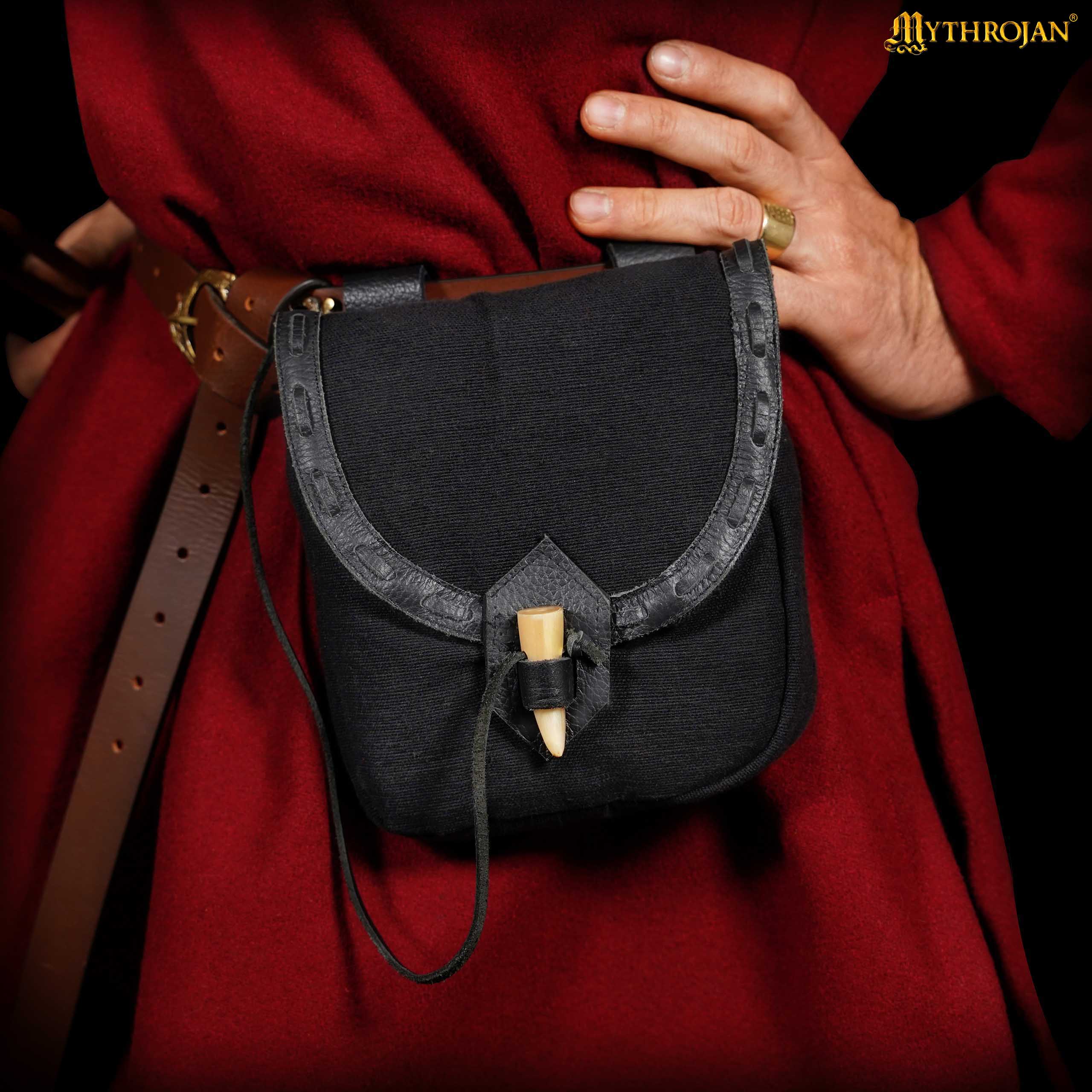 Mythrojan “The Adventurer’s” Belt Bag with Horn Toggle, Ideal for SCA LARP Reenactment & Ren fair, Full Grain Leather and Handwoven Canvas , Black , 8” × 7”