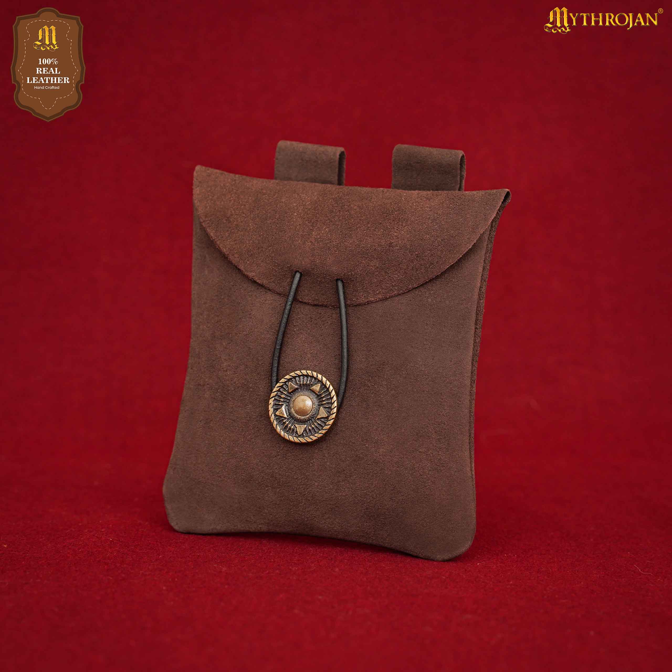 Mythrojan Suede Belt Bag, ideal for SCA LARP reenactment & Ren fair, Suede Leather, Chocolate Brown, 5.5”×5.1”