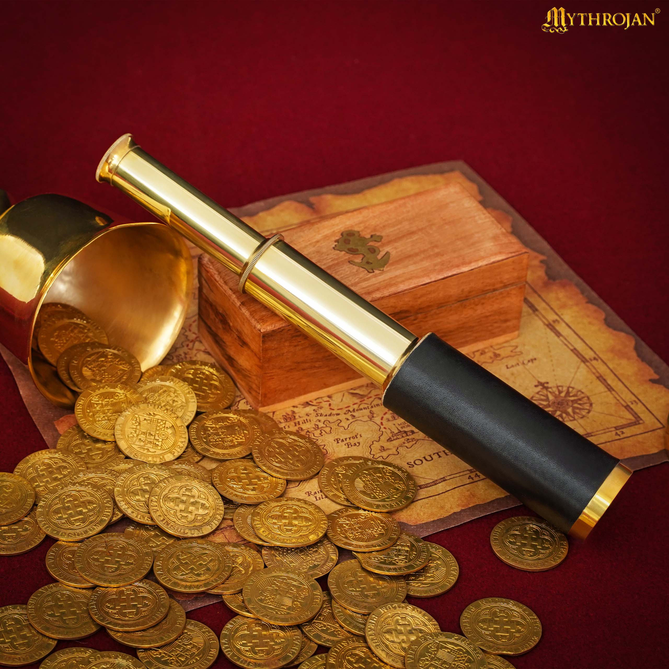 Mythrojan Mini Pirate Spyglass Telescope Brass Colapsable Hand Telescope with Wooden Box Small Vintage Telescope Pirate Decore Brass Decorative Telescope 9&