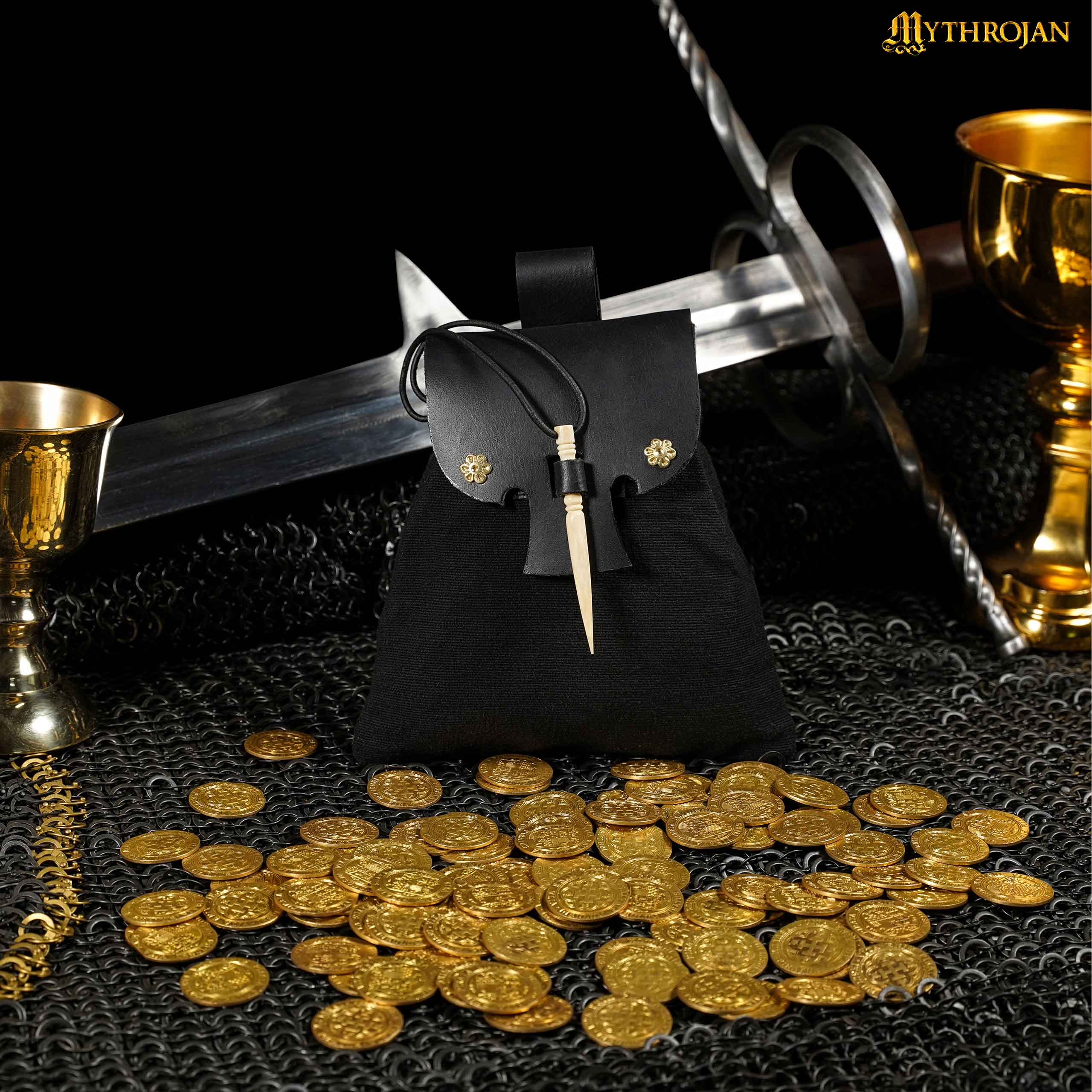 Mythrojan “Gold and Dice” Medieval Fantasy Belt Bag with Bone Needle Closure, Ideal for SCA LARP Reenactment & Ren fair, Black, 7”×7”