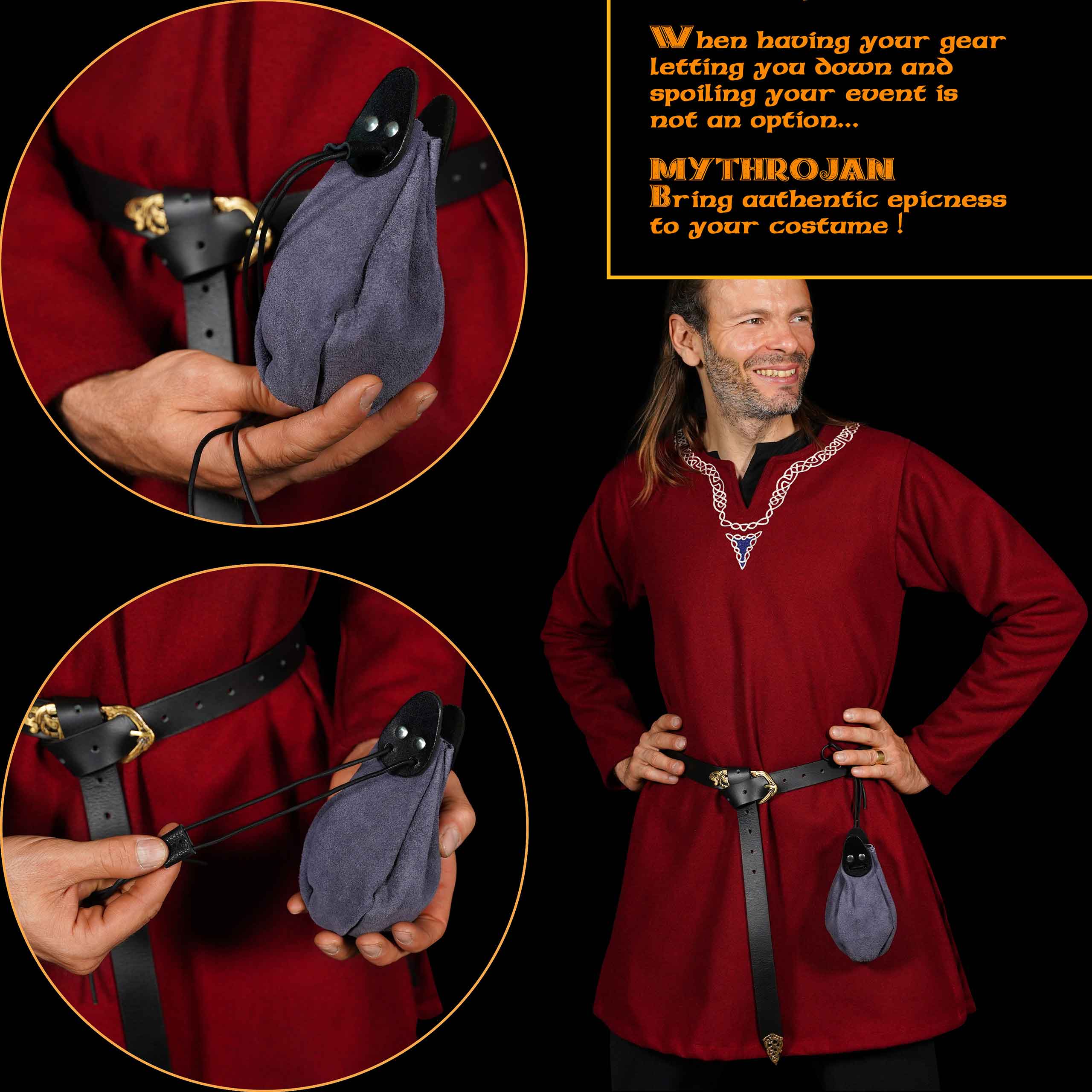 Mythrojan “Gold and Dice” Drawstring Pouch, ideal for SCA LARP reenactment & Ren fair-Suede Leather Pouch, Black and Dark Blue, 6