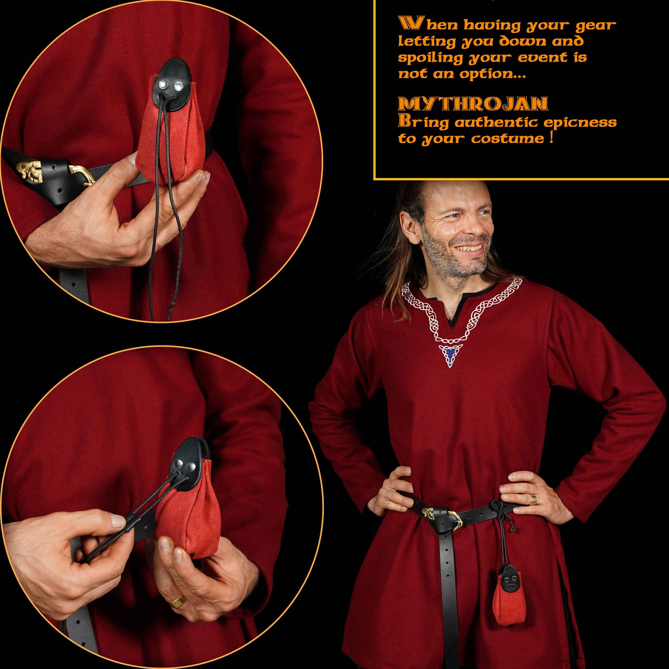 Mythrojan “Gold and Dice” Drawstring Pouch, Ideal for SCA LARP Reenactment & Ren fair - Suede Leather Pouch, Black and Red , 4