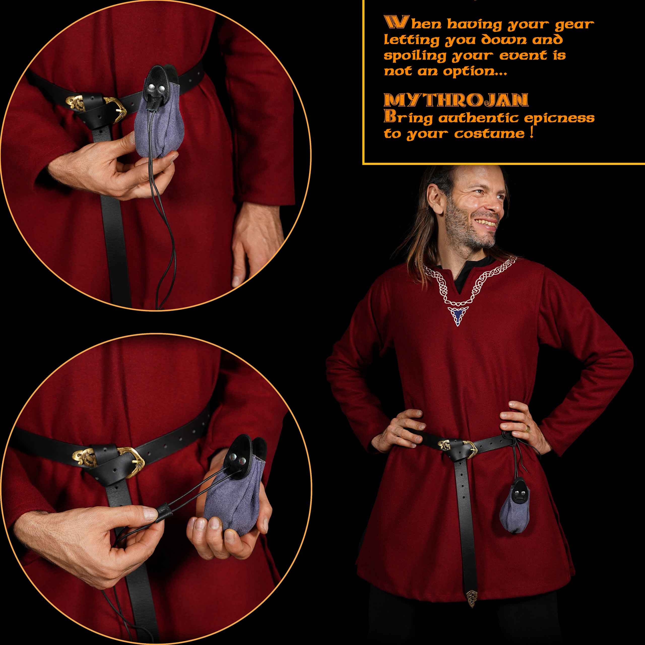 Mythrojan “Gold and Dice” Drawstring Pouch, ideal for SCA LARP reenactment & Ren fair-Suede Leather Pouch, Black and Dark Blue, 4”