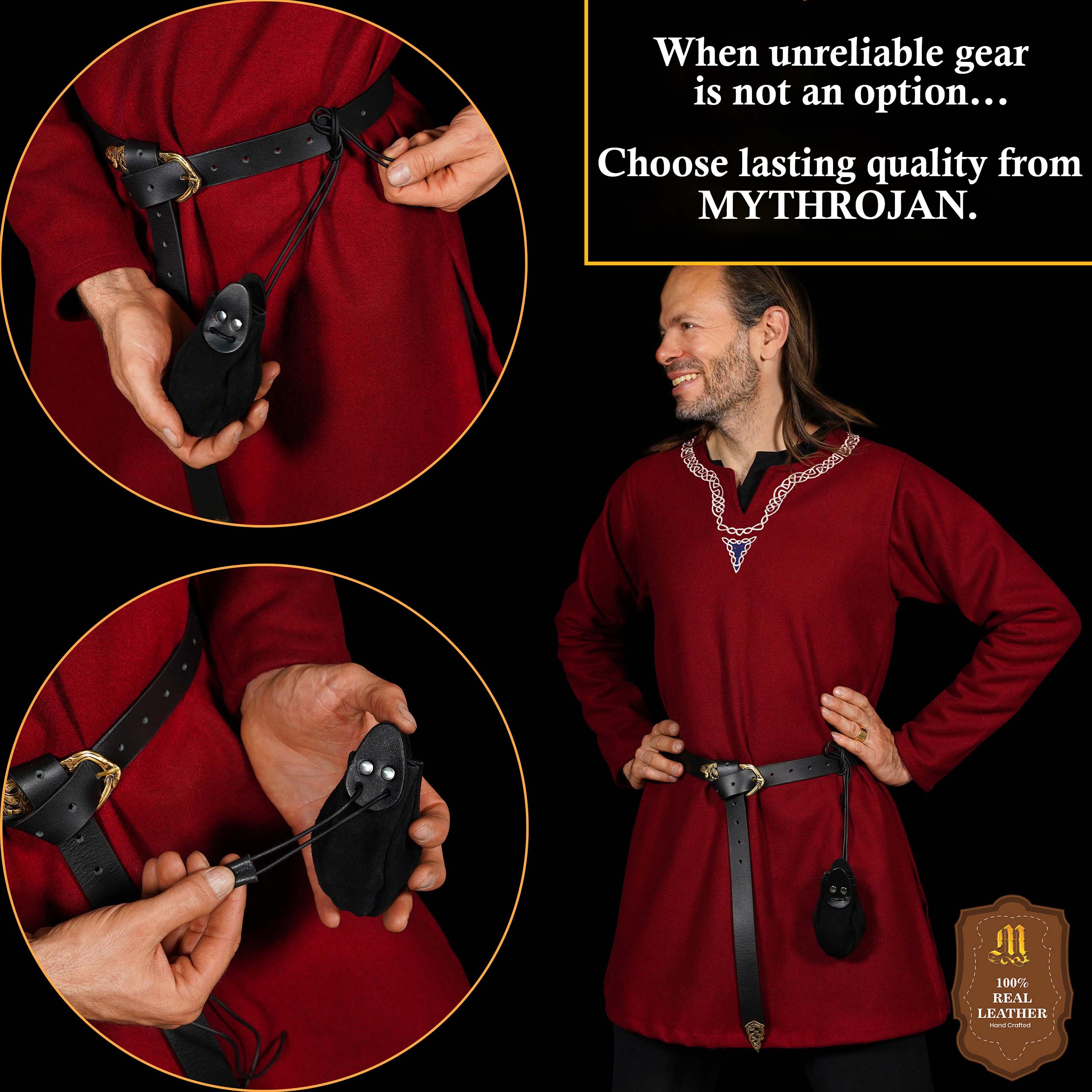 Mythrojan “Gold and Dice” Drawstring Pouch, Ideal for SCA LARP Reenactment & Ren fair - Suede Leather Pouch, Black, 4