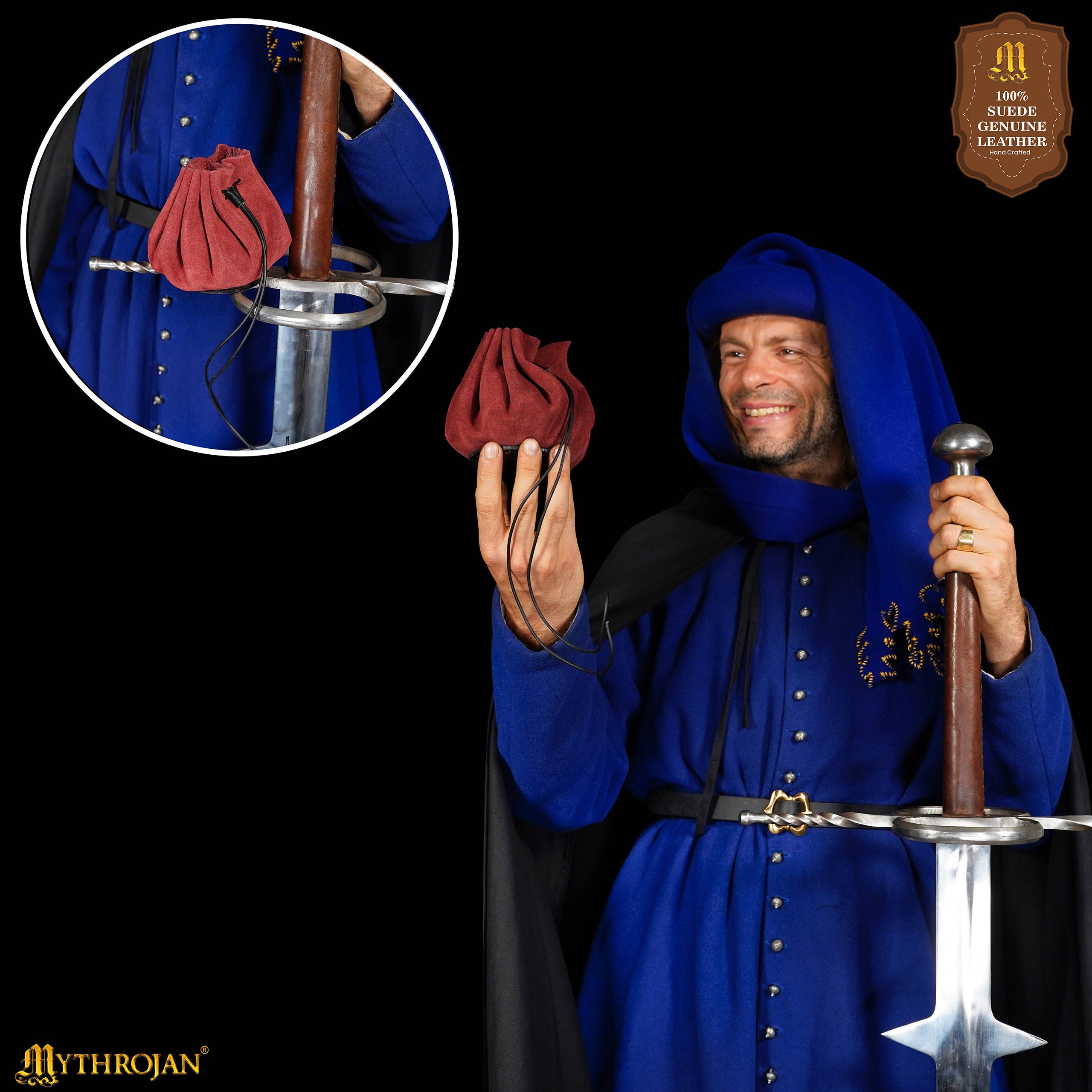 Mythrojan “ Gold and Dice ” Medieval Drawstring Bag, Ideal for SCA LARP Reenactment & Ren fair - Suede Leather Pouch, Wine Red 3.5"