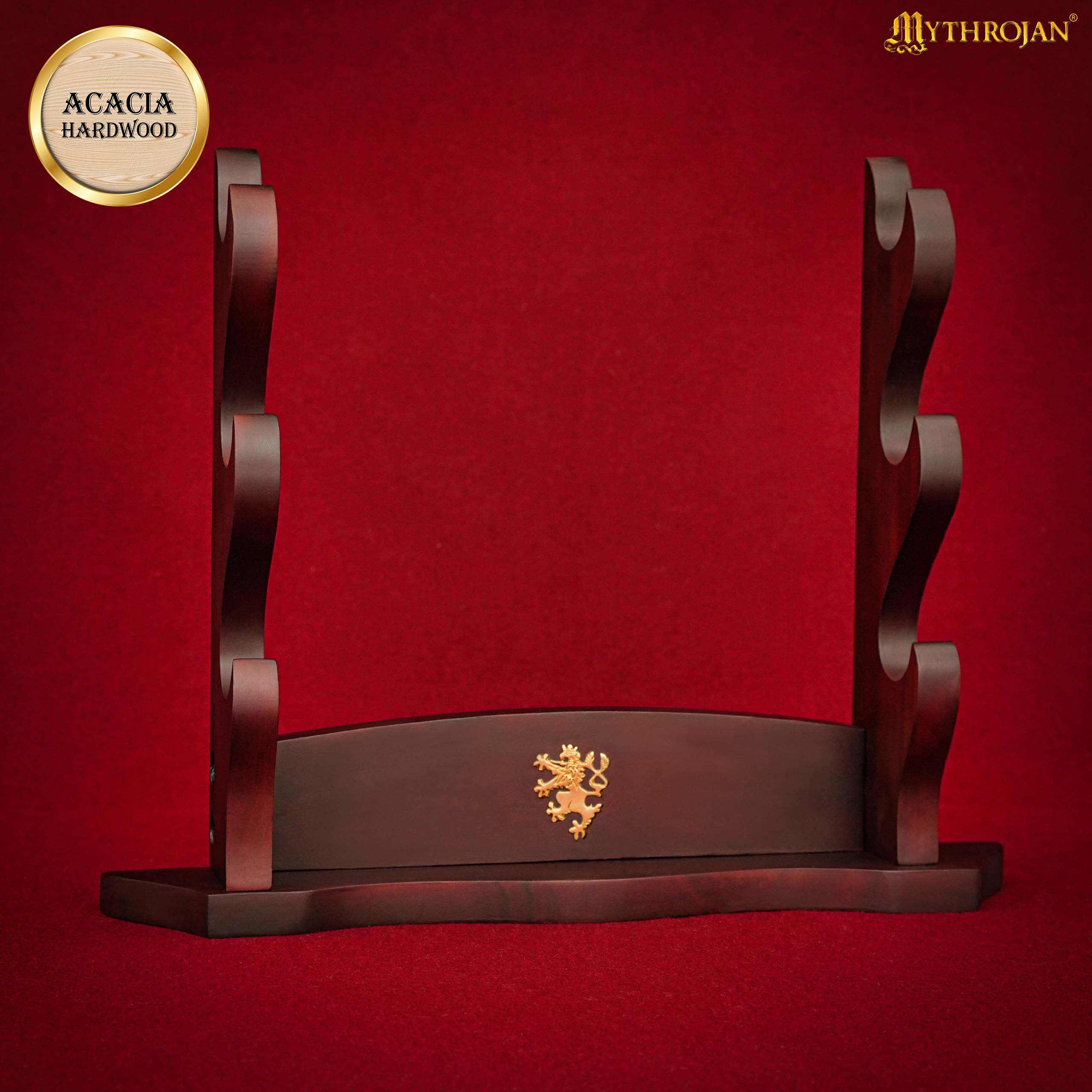 Mythrojan Solid Wood Sword Stand Medieval Sword Wall Mount Samurai Sword Display Stand Katana Sword Holder Gladiator Sword Wall Display Crusader Sword Stand Knife Stand for Display - Three Tier Sand 17" x 14"