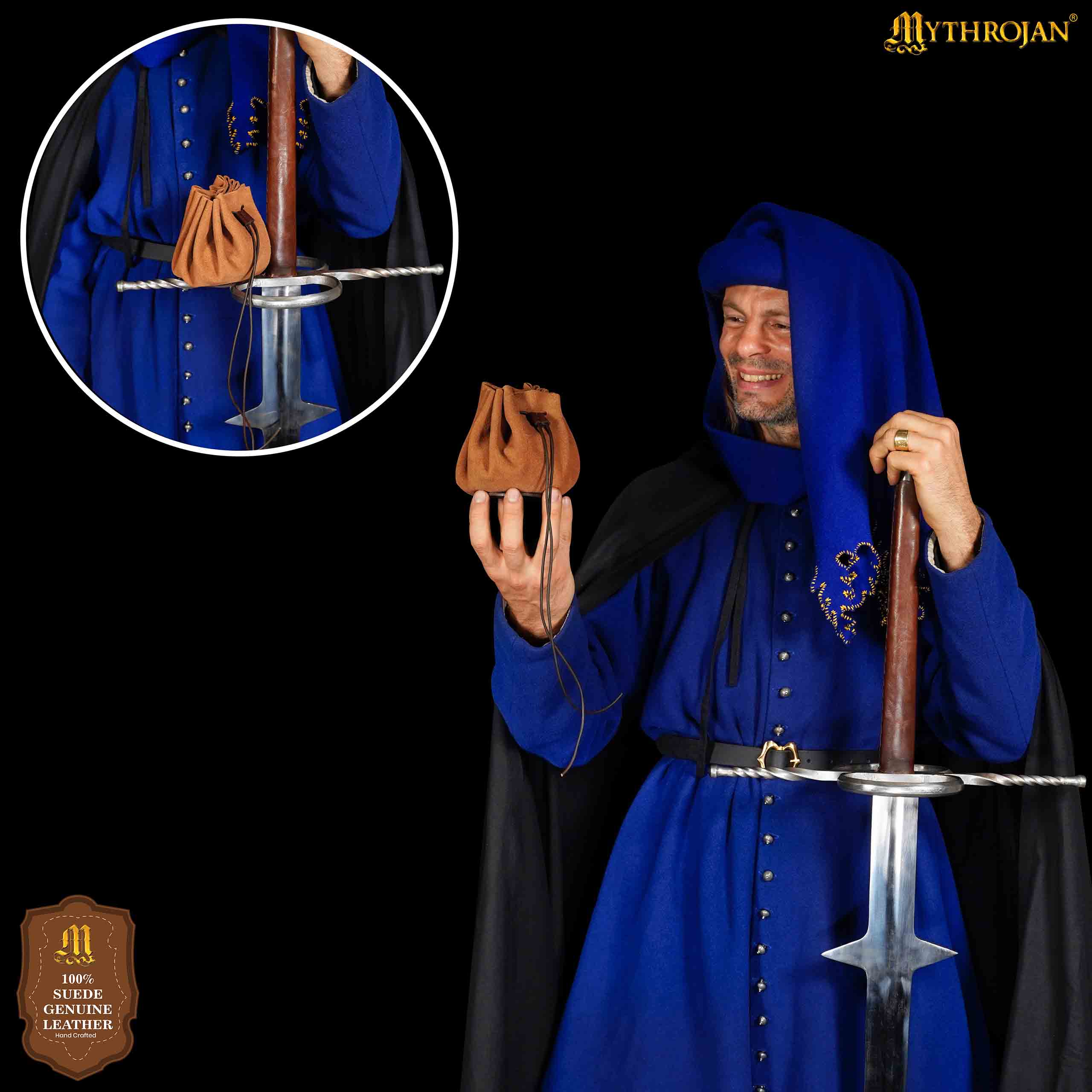 Mythrojan “ Gold and Dice ” Medieval Drawstring Bag, Ideal for SCA LARP Reenactment & Ren fair - Suede Leather Pouch, Brown 3.5