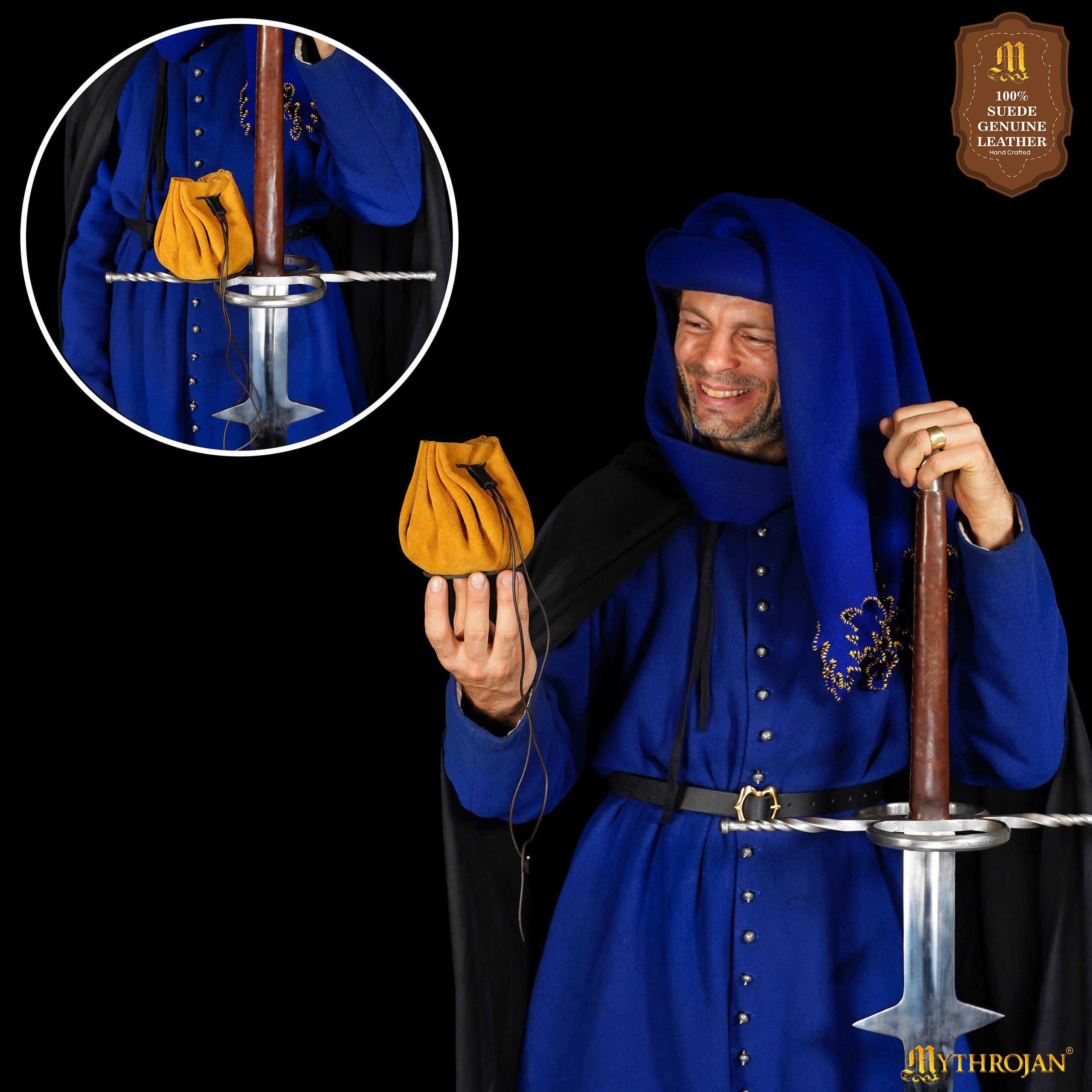 Mythrojan “ Gold and Dice ” Medieval Drawstring Pouch , Ideal for SCA LARP Reenactment & Ren fair : Suede Leather Bag , 3.5”