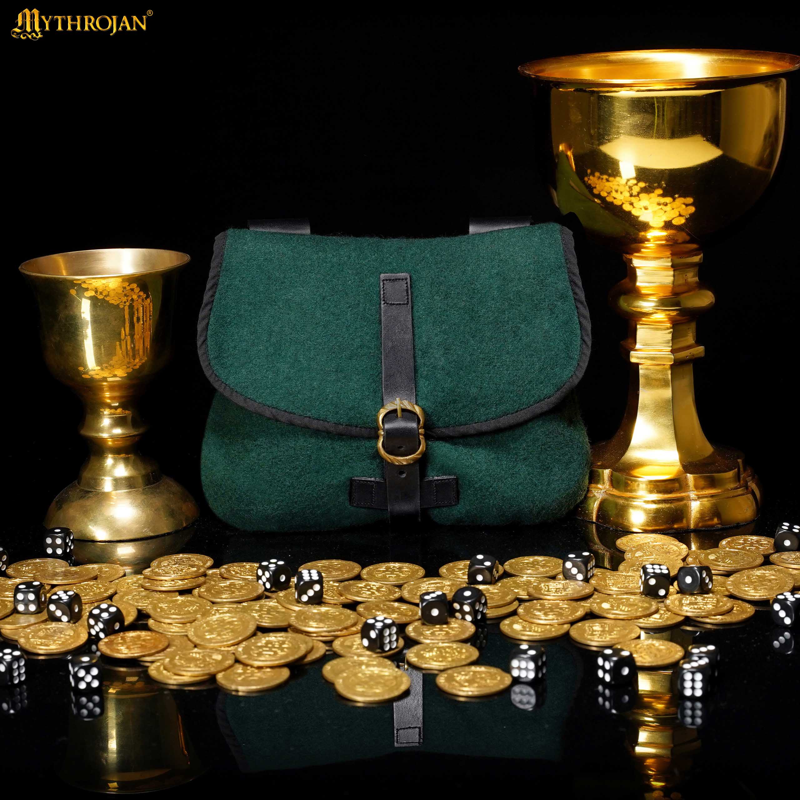 Mythrojan Late Medieval Belt Bag, Ideal for SCA LARP Reenactment & Ren fair, Full Grain Leather and Wool , Green , 6.2 ”× 7 ”