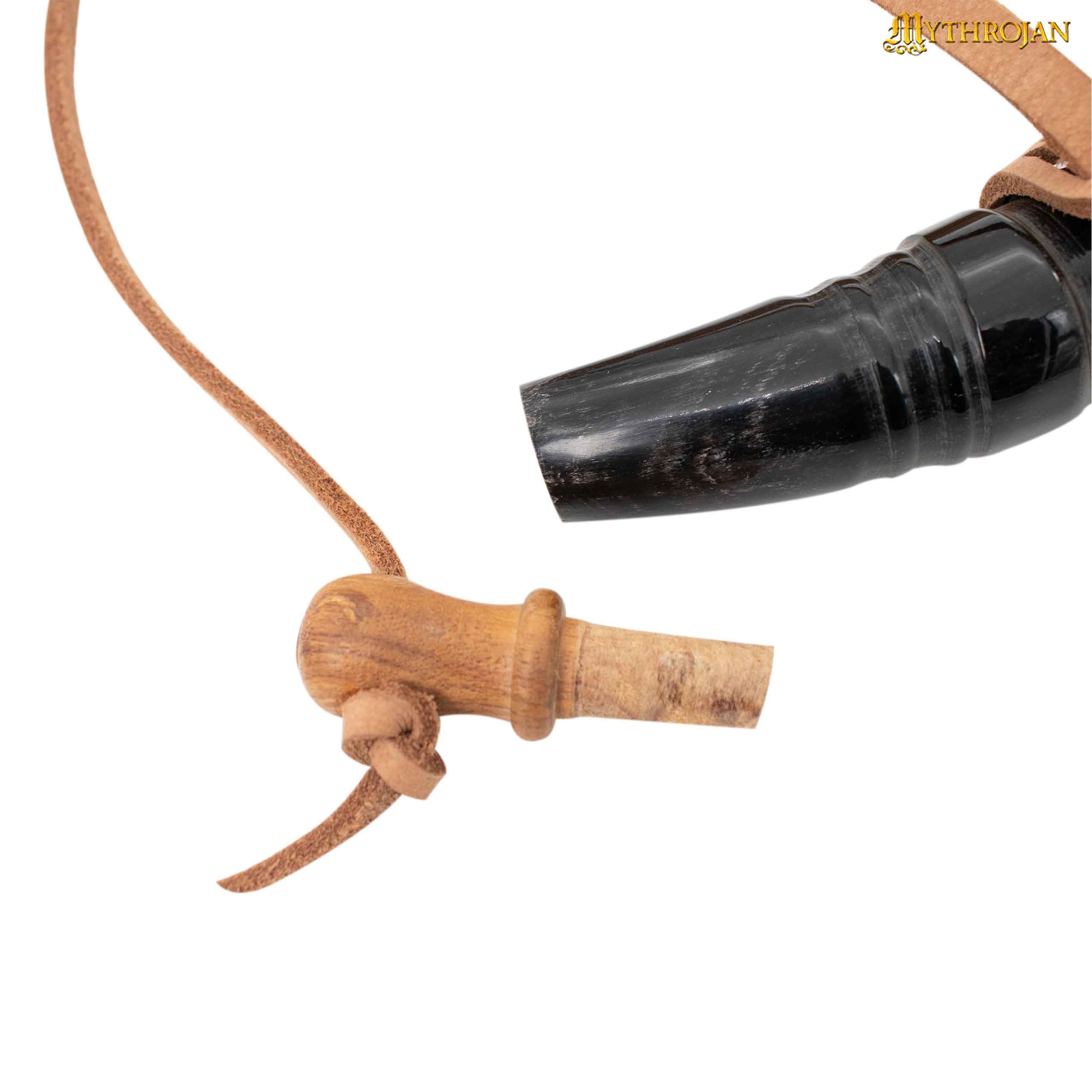 Mythrojan Hand Carved Powder 14" Horn with Leather Strap for Civil War Re-Enactment Black Powder - Mountain Man Reenactment - Natural