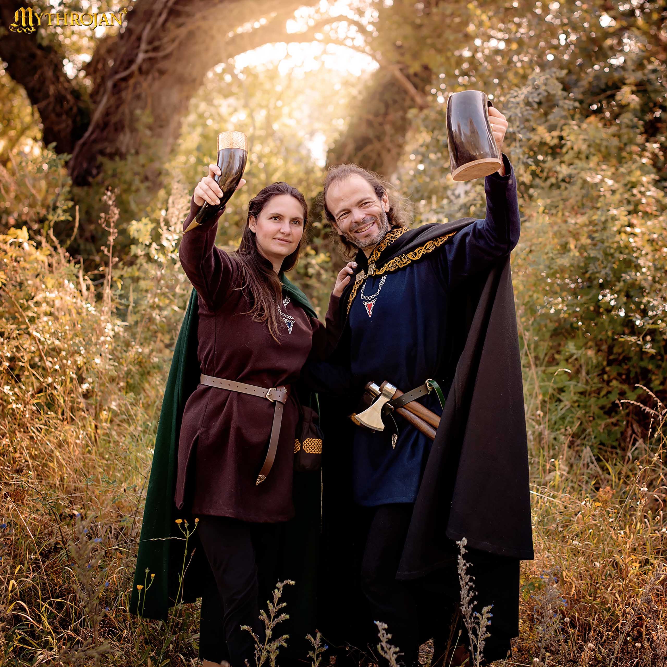 Mythrojan Woolen Hooded Cloak /Cape with BRASS BROOCH Medieval Wool Cape for Ranger LARP SCA Cosplay, Green , Large