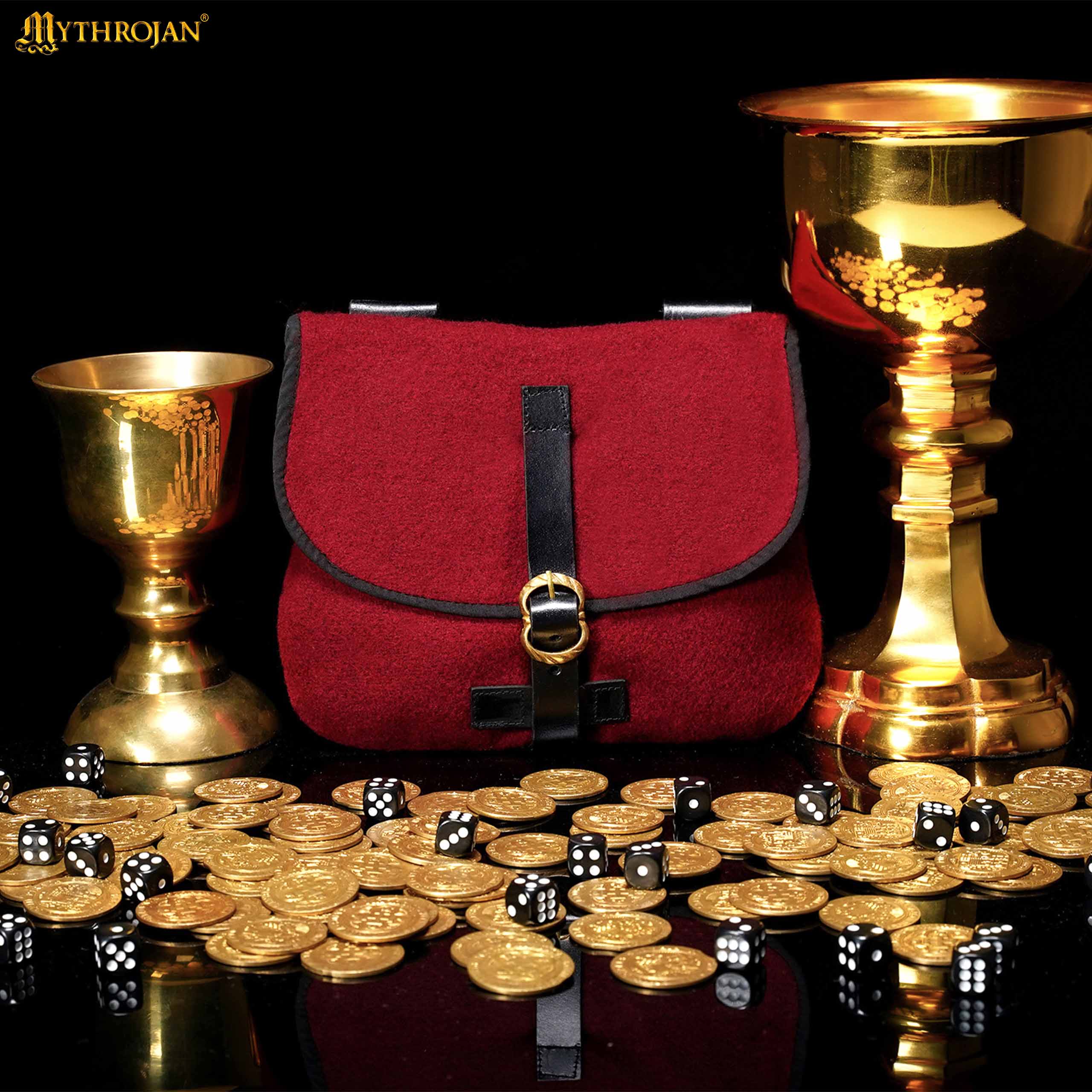 Mythrojan Late Medieval Belt Bag, Ideal for SCA LARP Reenactment & Ren fair, Full Grain Leather and Wool , Maroon , 6.2 ”× 7"