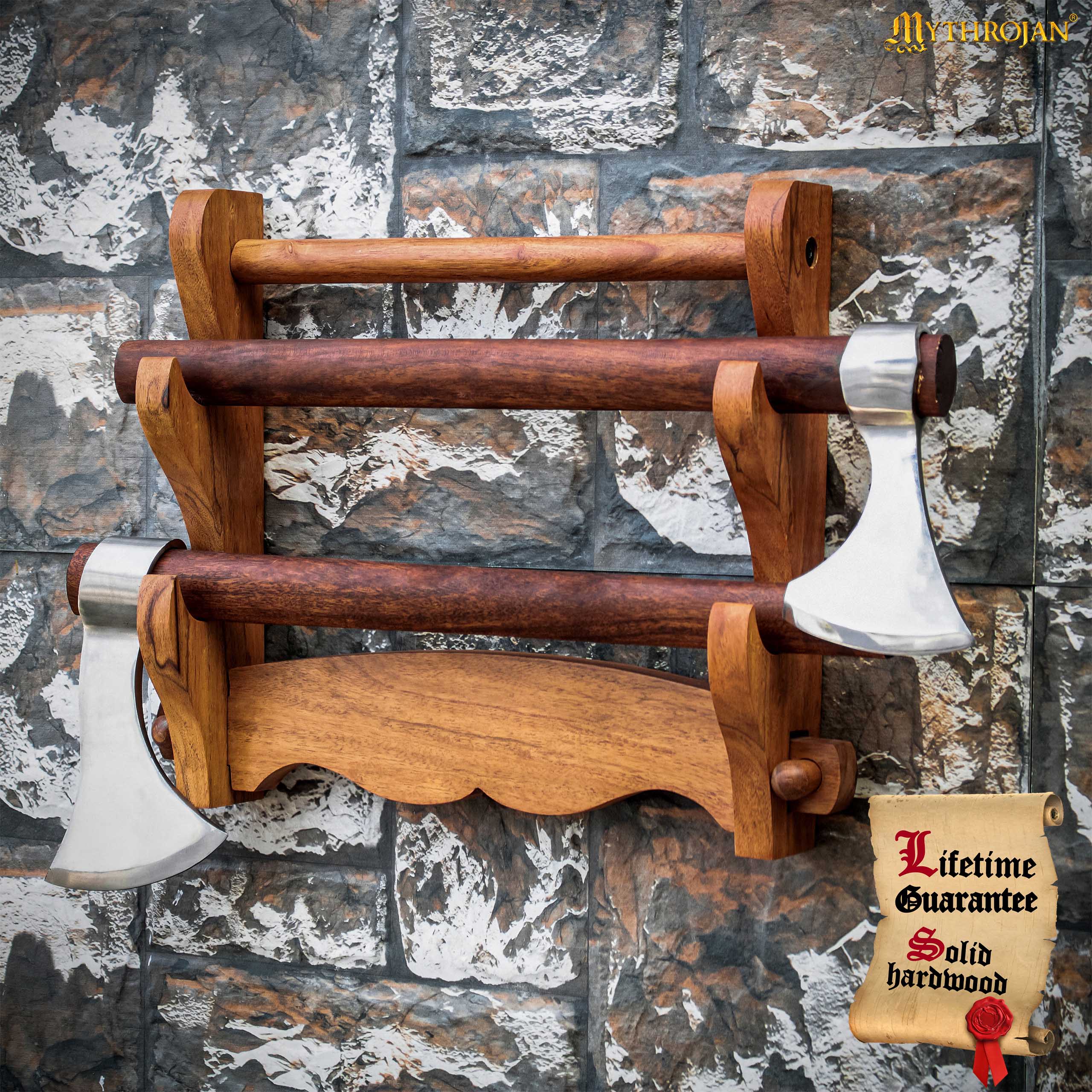 Mythrojan Solid Wood Sword Stand Medieval Sword Wall Mount Samurai Sword Display Stand Katana Sword Holder Gladiator Sword Wall Display Crusader Sword Stand Knife Stand for Display- Two Tier 15" x 12"