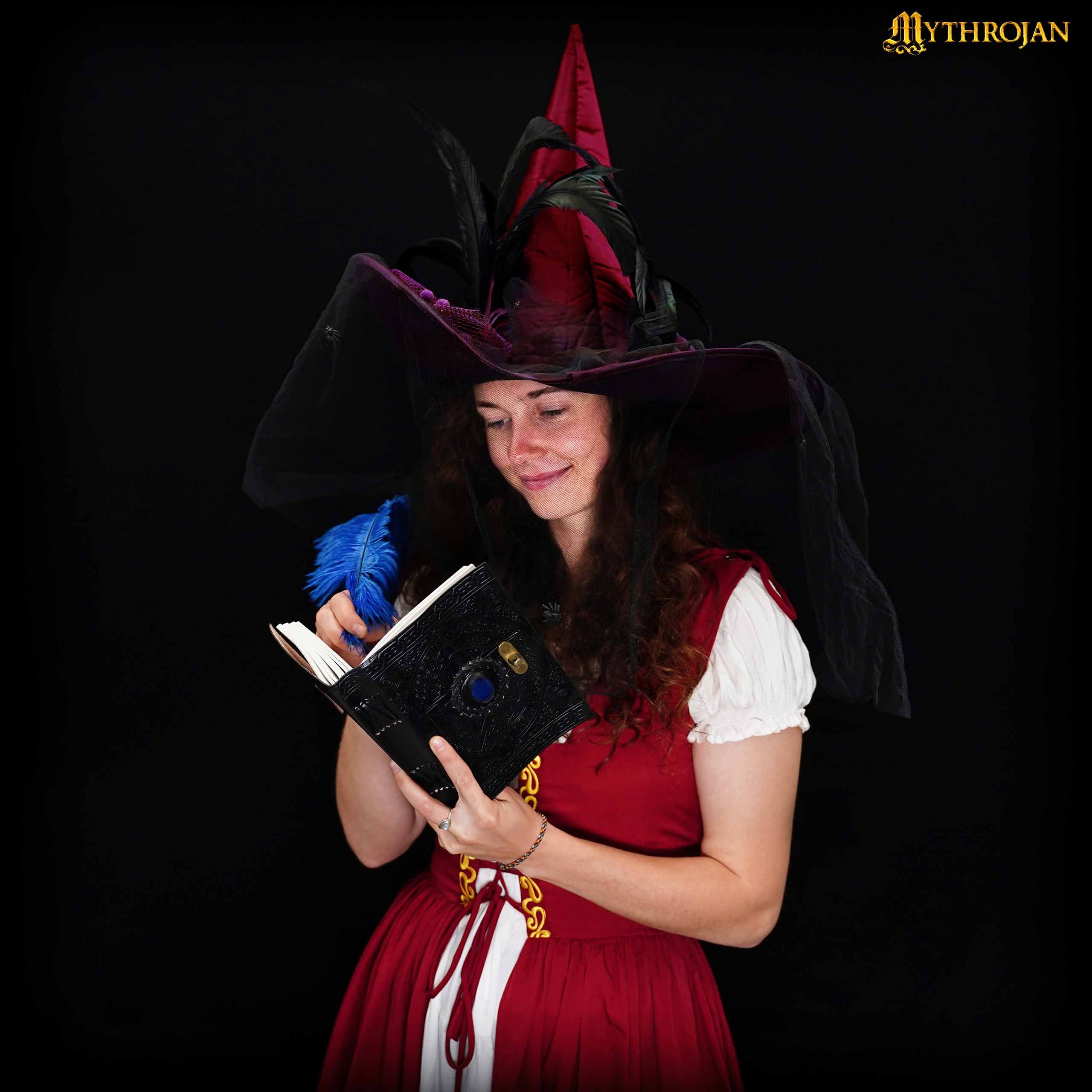 Mythrojan Vintage Antique Leather Journal with Semi Precious Stone Black Pentagram Star Design - Book of Shadows, Grimoire Journal, for Men and Women - 7 x 5 Inch