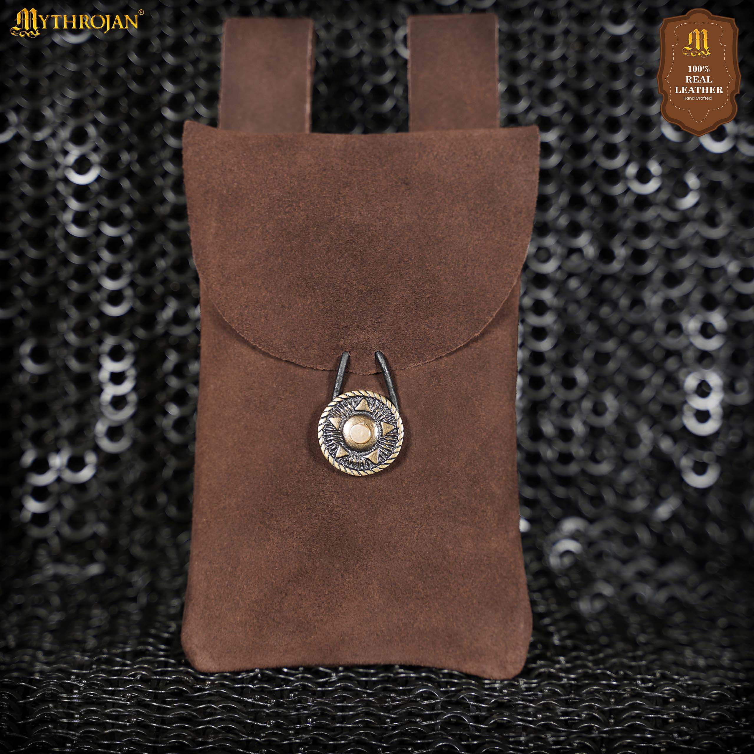 Mythrojan Suede Belt Bag, Ideal for SCA LARP Reenactment & Ren fair, Suede Leather, Chocolate Brown , 7.2 ”× 4.7 ”
