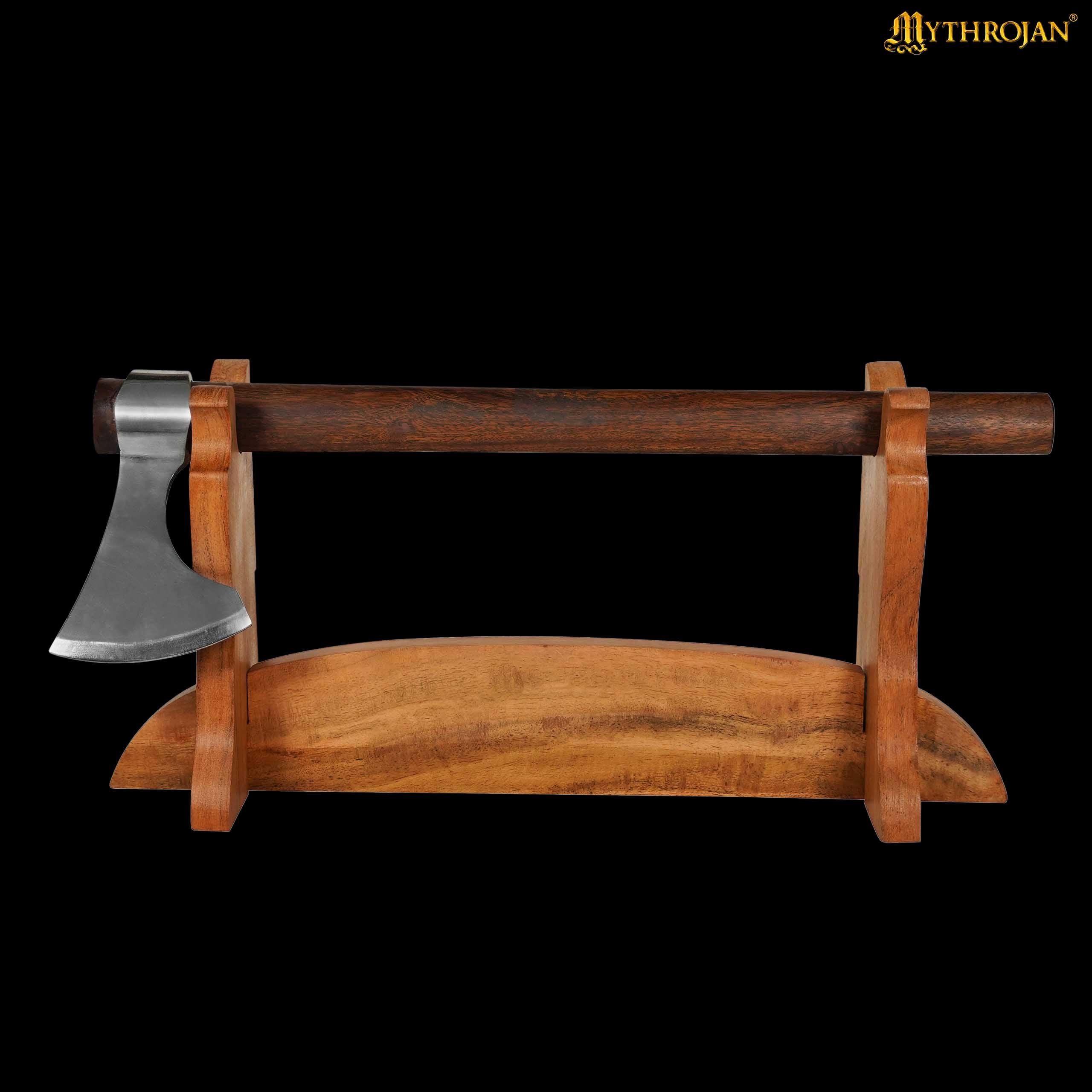 Mythrojan Solid Wood Sword Stand, also Ideal for Axe, Samurai Katana, Gladiator or Crusader Swords, One Tier Stand, 17”×8”
