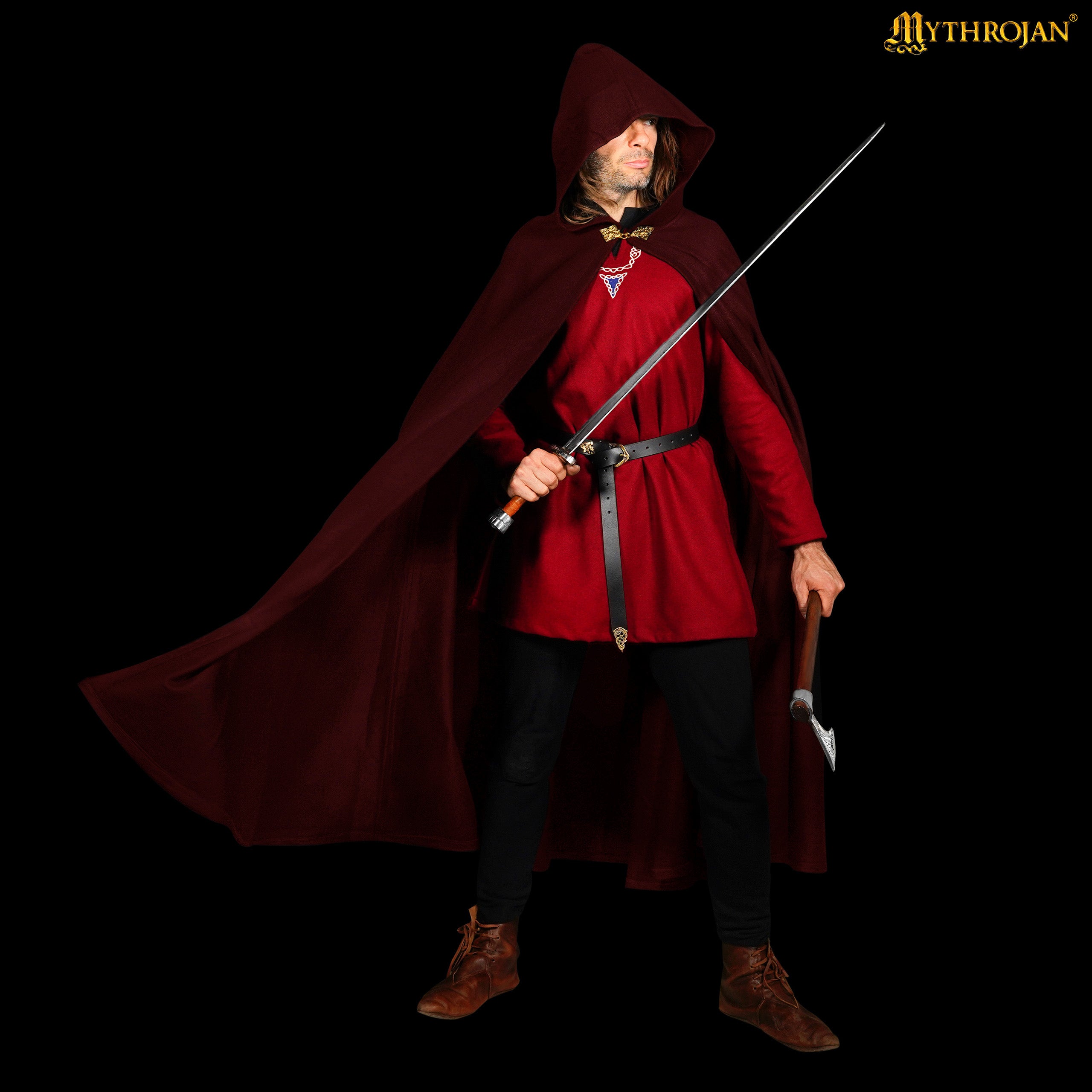 Mythrojan Woolen Hooded Cloak with Delicate Brass Brooch Medieval Wool Cape