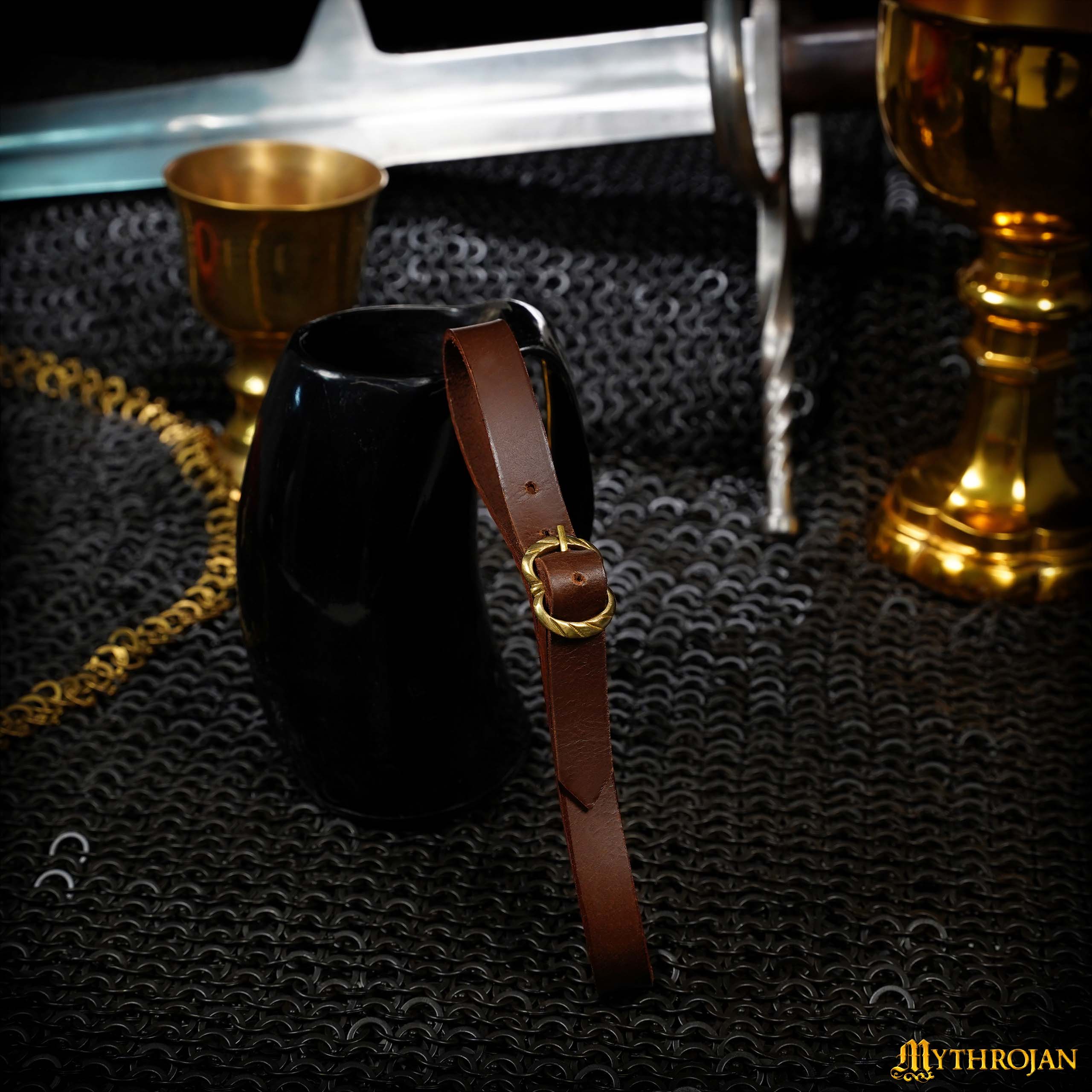 Mythrojan Tankard Leather Strap with Solid Brass Buckle, Ideal for Horn Tankard and Mugs, LARP SCA Medieval Renaissance Knight Viking Reenactment, Brown, 15.3”×0.7”