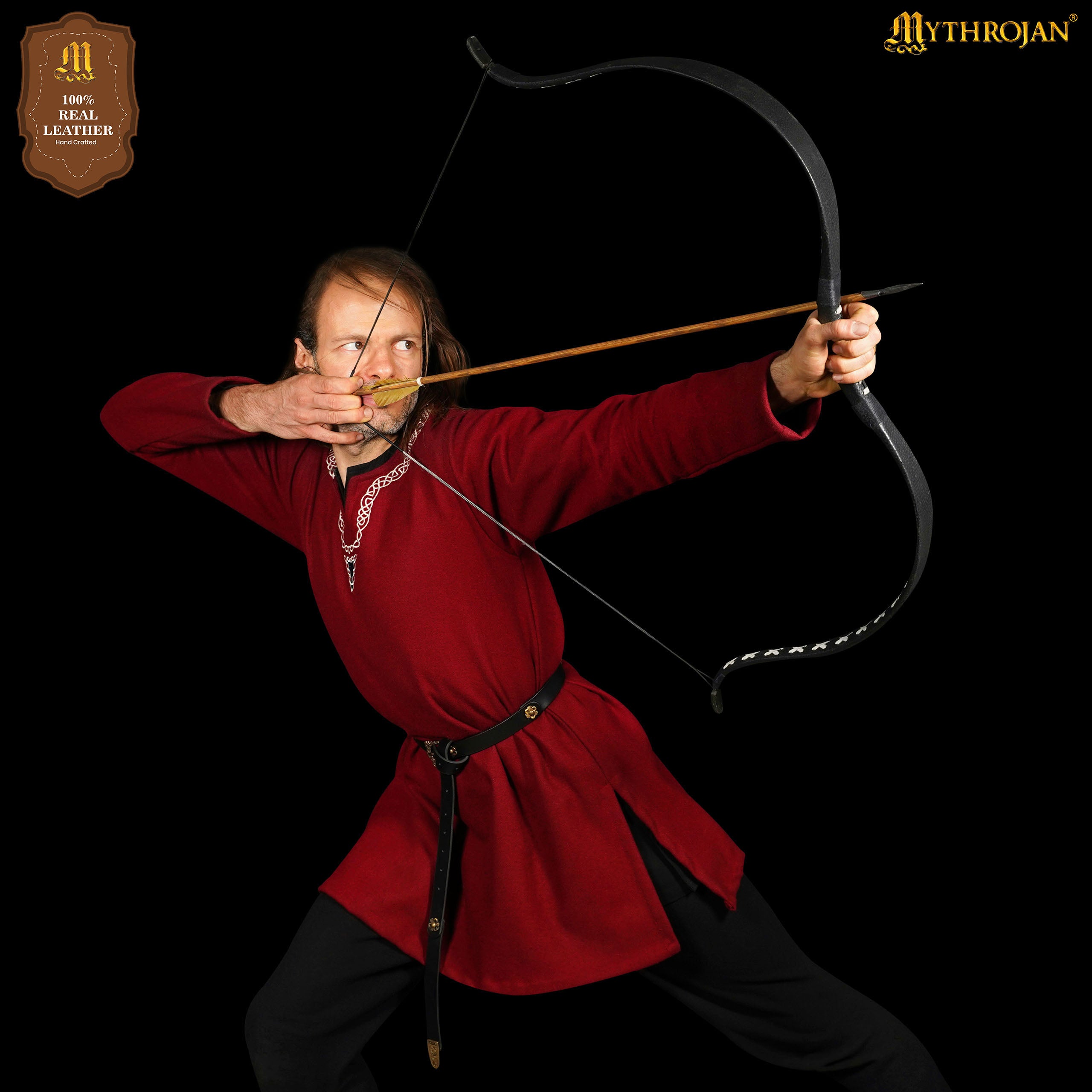 Mythrojan “Laguerta” Viking Leather Belt with Solid Brass historical Buckle and Chape, Ideal for shieldmaiden & warrior in LARP SCA Medieval Reenactment, BLACK