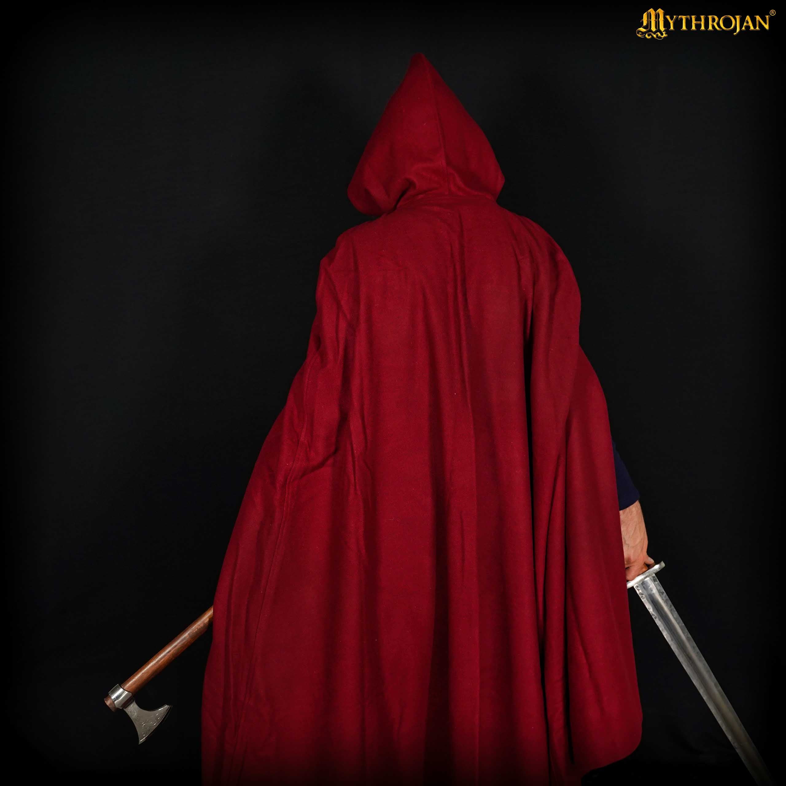 Mythrojan Woolen Hooded Cloak /Cape with delicate BRASS BROOCH Medieval Wool C ape for Ranger LARP SCA Cosplay, Maroon , Large