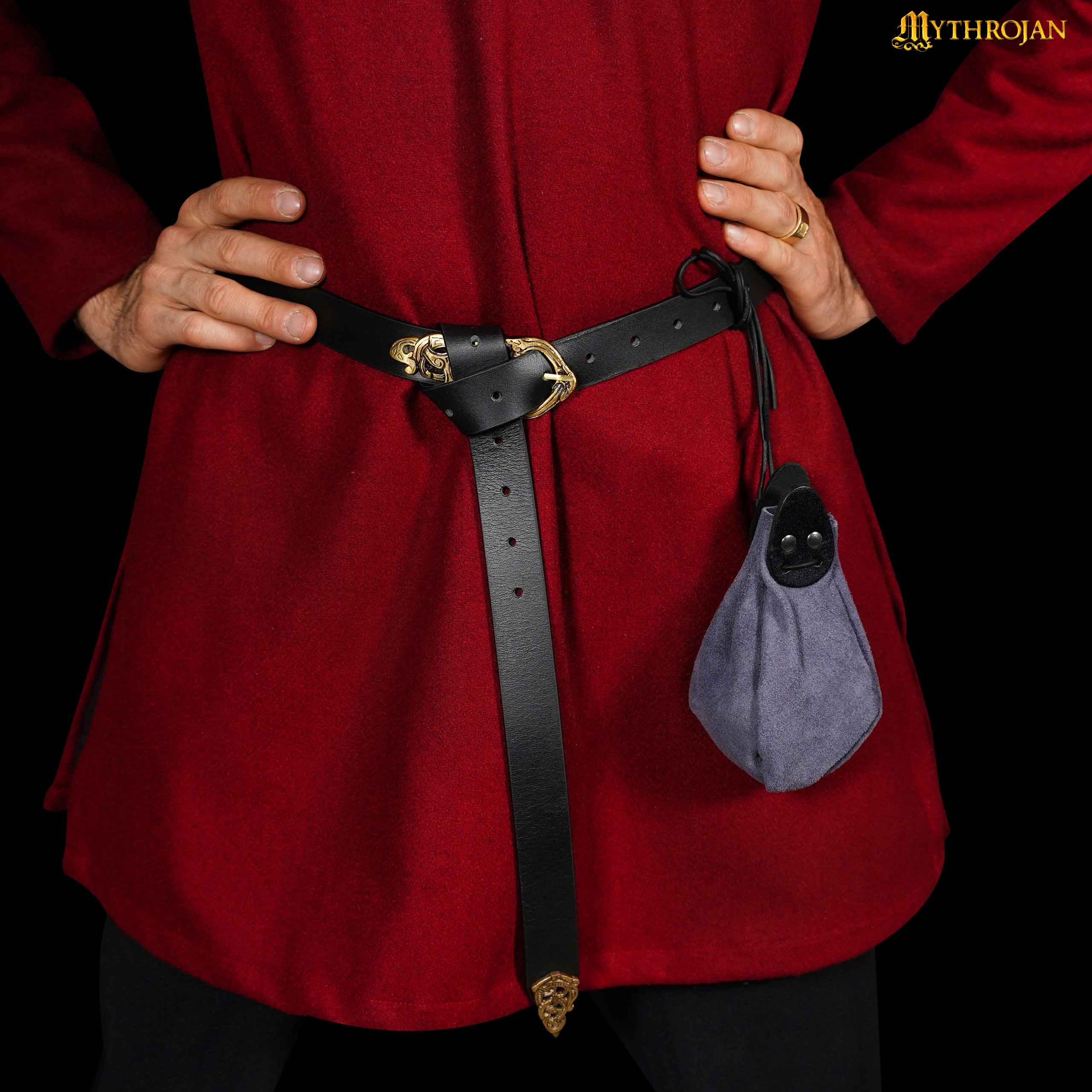 Mythrojan “Gold and Dice” Drawstring Pouch, ideal for SCA LARP reenactment & Ren fair-Suede Leather Pouch, Black and Dark Blue, 6