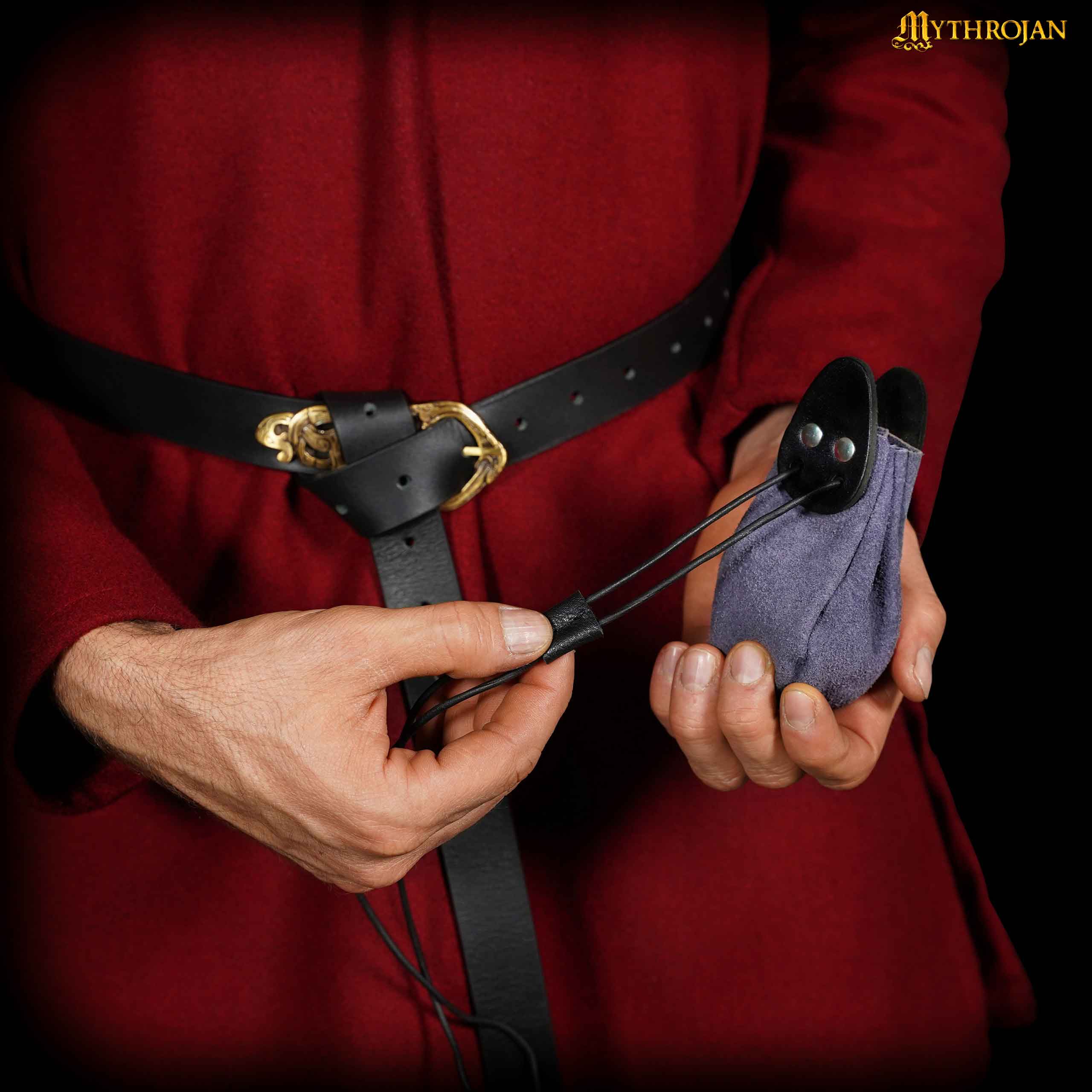 Mythrojan “Gold and Dice” Drawstring Pouch, ideal for SCA LARP reenactment & Ren fair-Suede Leather Pouch, Black and Dark Blue, 4”