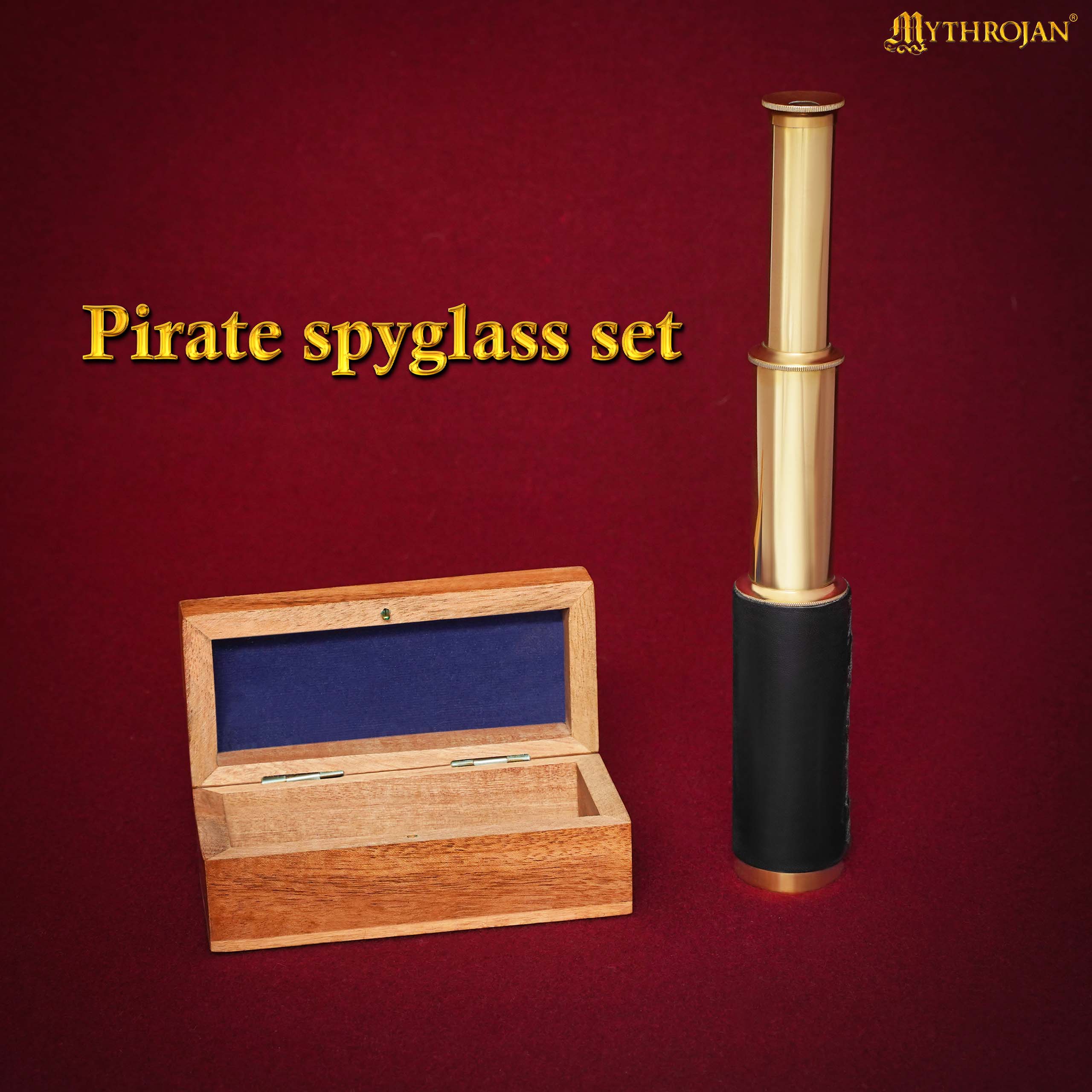 Mythrojan Mini Pirate Spyglass Telescope Brass Colapsable Hand Telescope with Wooden Box Small Vintage Telescope Pirate Decore Brass Decorative Telescope 9&