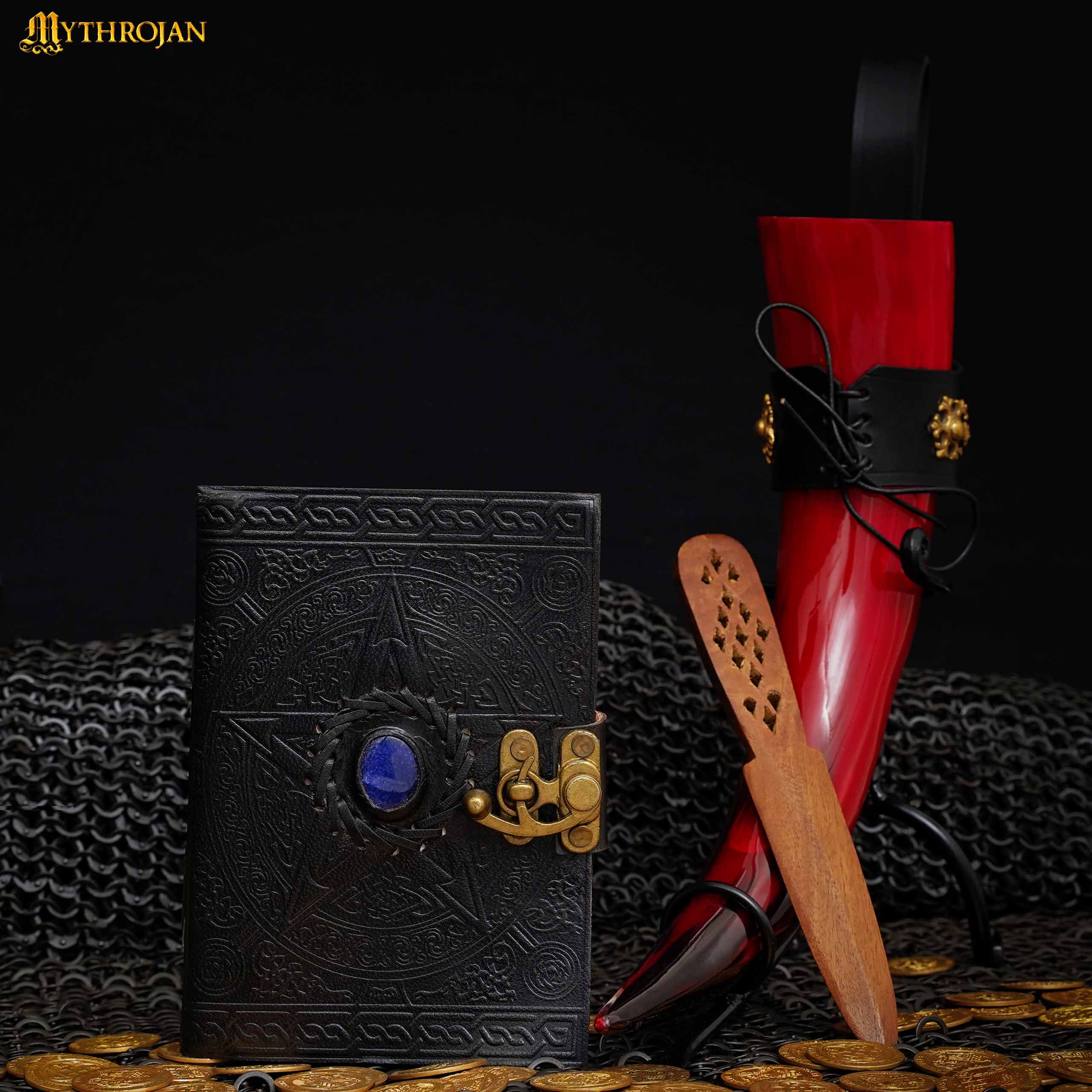 Mythrojan Vintage Antique Leather Journal with Semi Precious Stone Black Pentagram Star Design - Book of Shadows, Grimoire Journal, for Men and Women - 7 x 5 Inch