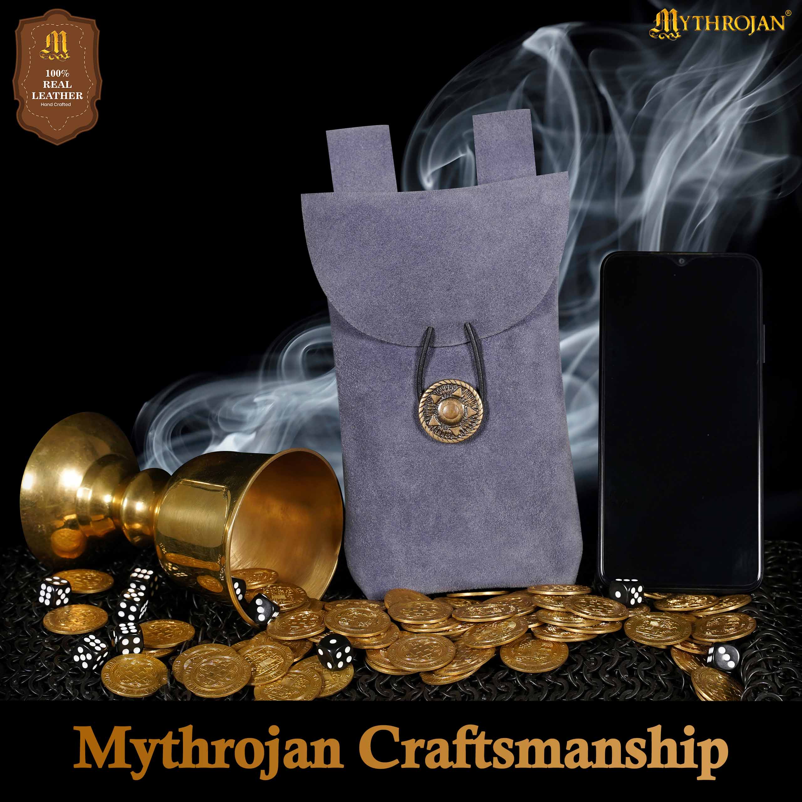 Mythrojan Suede Belt Bag, Ideal for SCA LARP Reenactment & Ren fair, Suede Leather, Dark Blue , 7.2 ”× 4.7 ”