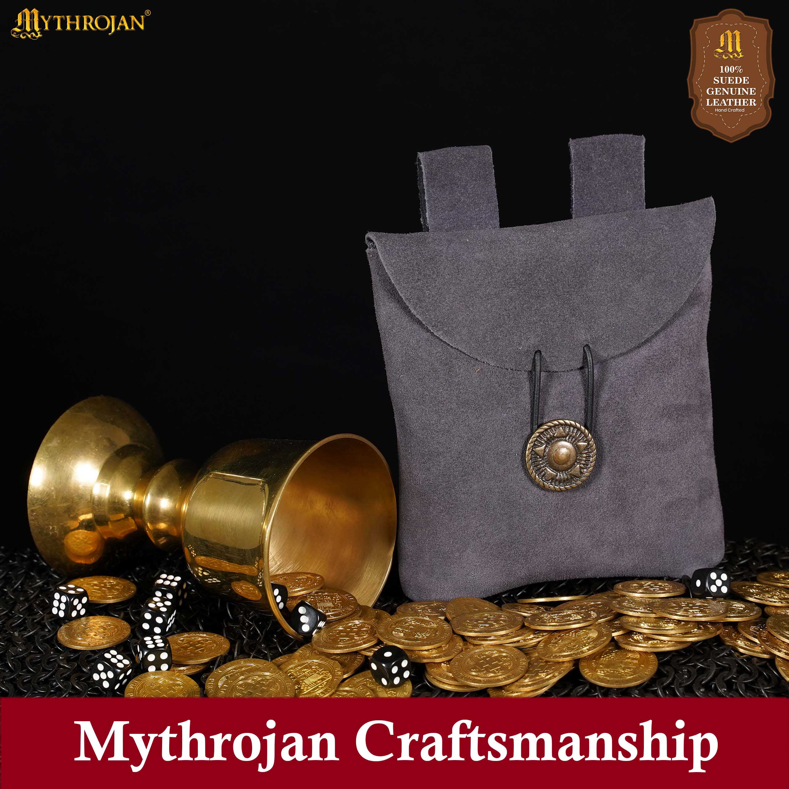Mythrojan Suede Belt Bag, Ideal for SCA LARP Reenactment & Ren fair, Suede Leather, Blue , 5 .5”× 5.1 ”