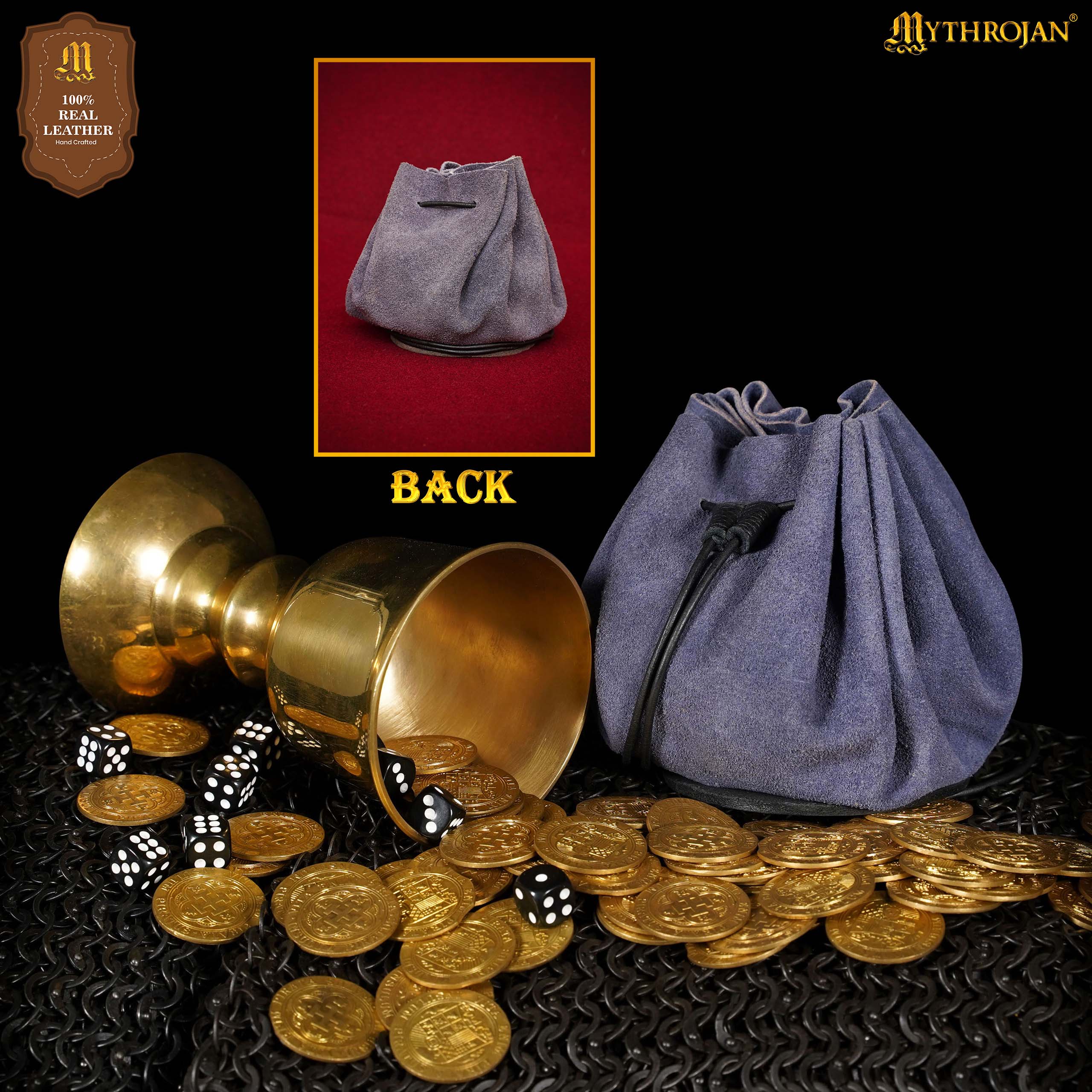 Mythrojan “ Gold and Dice ” Medieval Drawstring Bag, Ideal for SCA LARP Reenactment & Ren fair - Suede Leather Pouch, Blue 3.5”