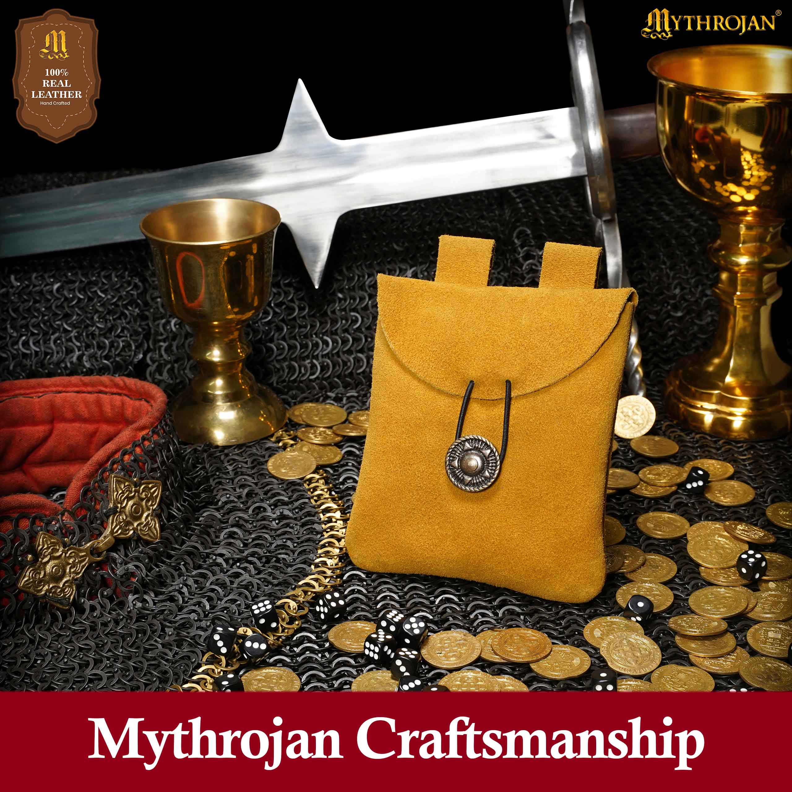 Mythrojan Suede Belt Bag, Ideal for SCA LARP Reenactment & Ren fair, Suede Leather, Yellow , 5 .5”× 5.1 ”