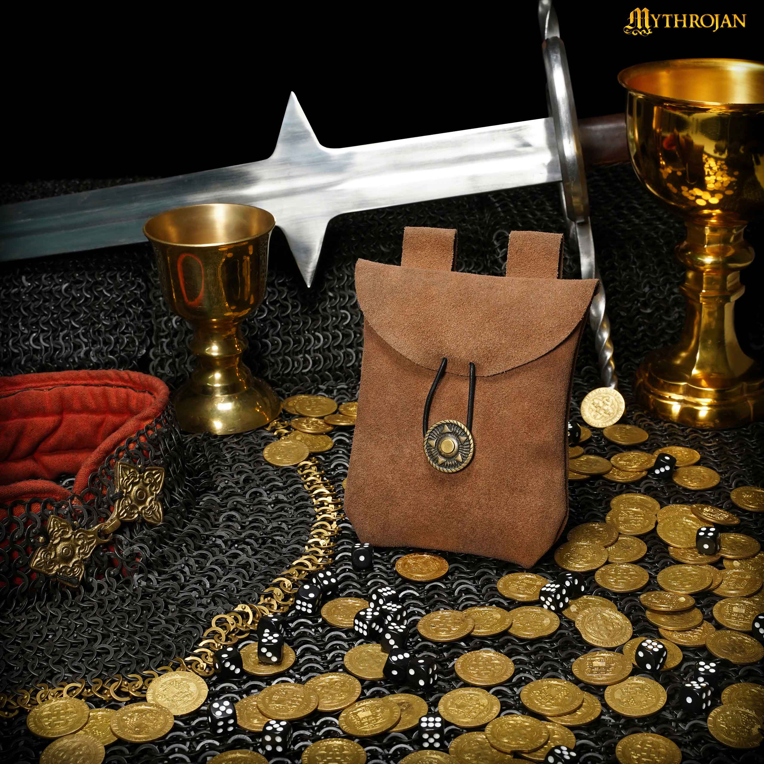 Mythrojan Suede Belt Bag, Ideal for SCA LARP Reenactment & Ren fair, Suede Leather, Brown , 5 .5”× 5.1 ”