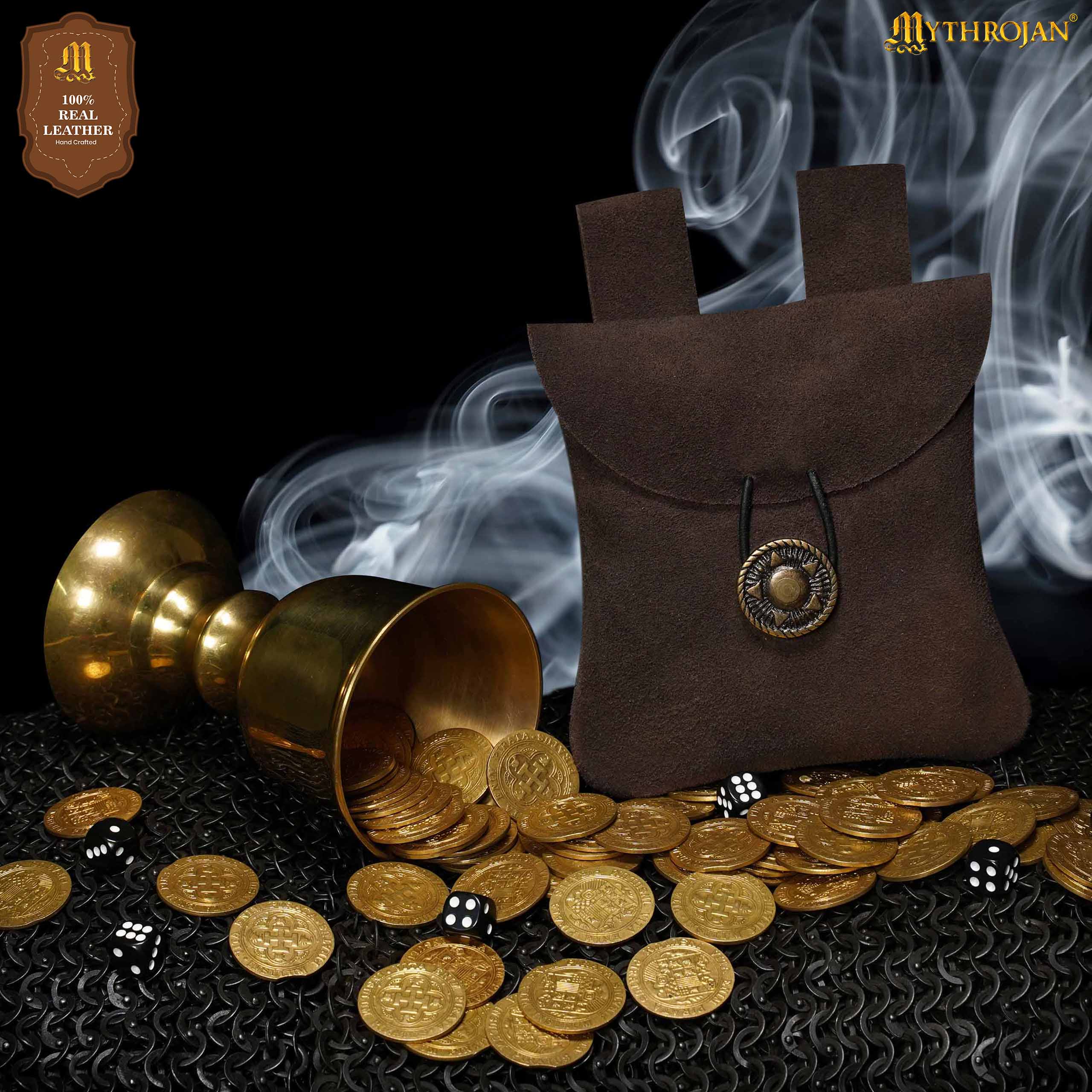 Mythrojan Suede Belt Bag, ideal for SCA LARP reenactment & Ren fair, Suede Leather, Chocolate Brown, 5.5”×5.1”