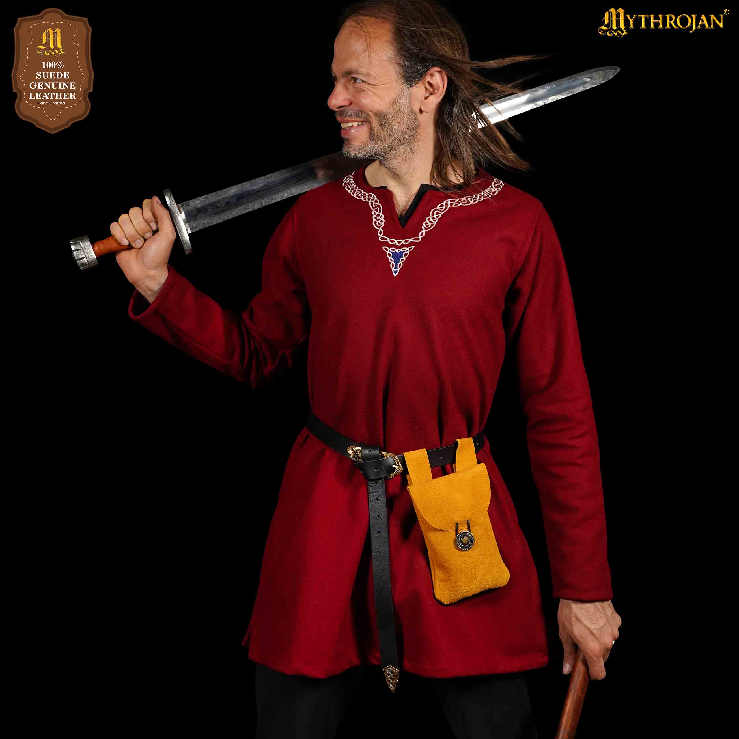 Mythrojan Suede Belt Bag, ideal for SCA LARP reenactment & Ren fair, Suede Leather, Yellow, 7.2”×4.7”